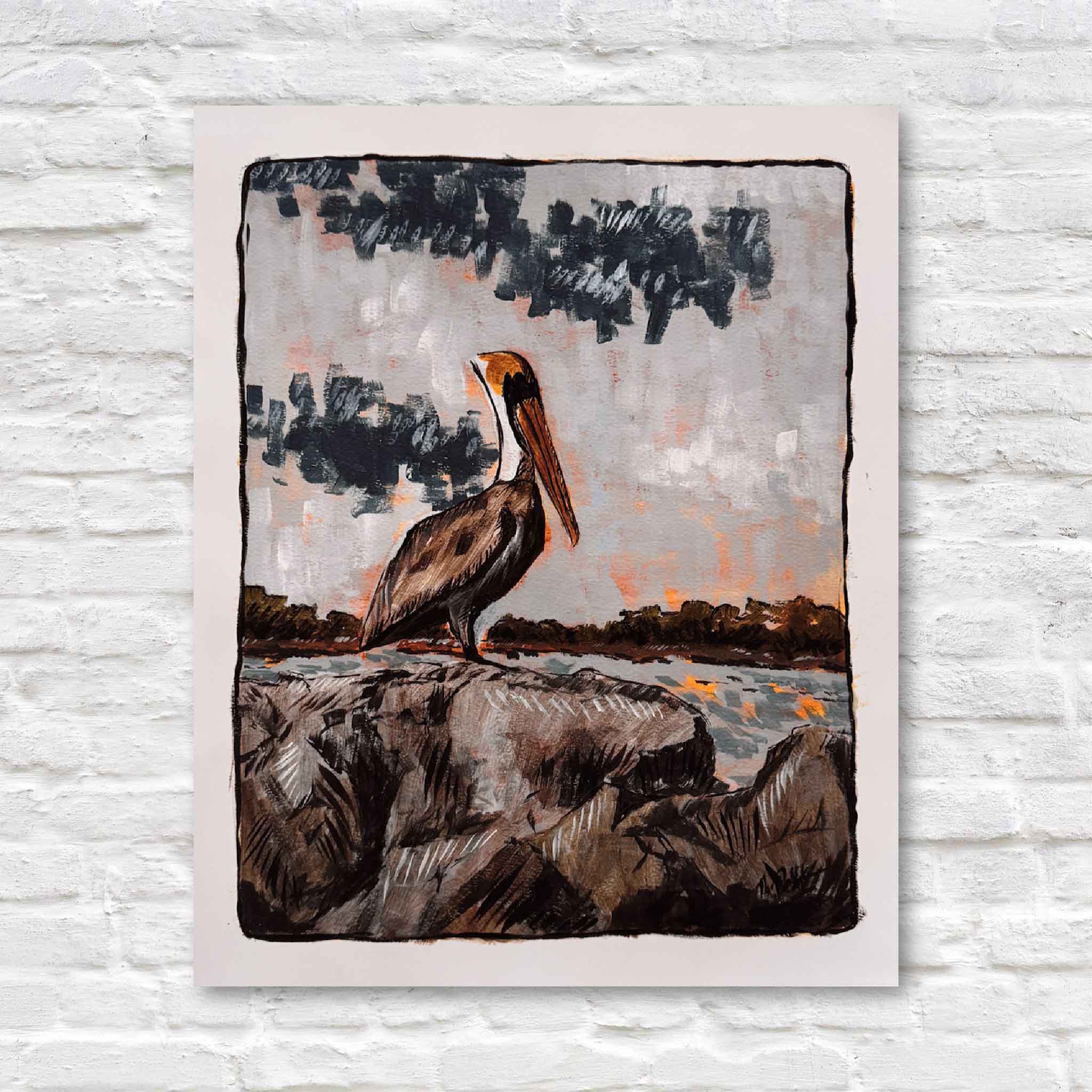 Fine art print Brown Pelican by South Carolina artist Maggie Pelton, coastal bird art from Georgetown and Pawleys Island, 16x20 archival matte paper print available at Gray Man Gallery