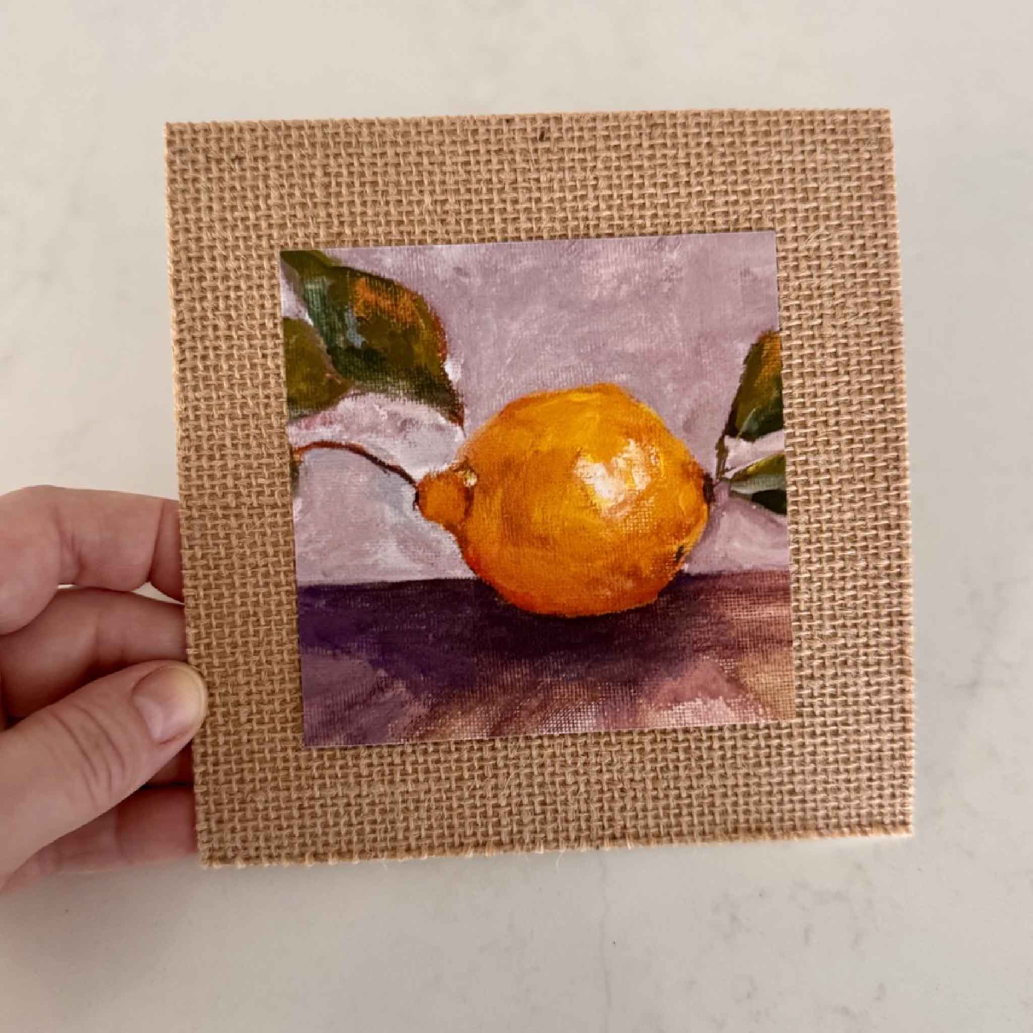 Lemon giclée print Main Squeeze by Jeanne O’Neal, mounted on burlap matboard, 4x4 artwork on 6x6 mat, fine art coastal print available at Gray Man Gallery