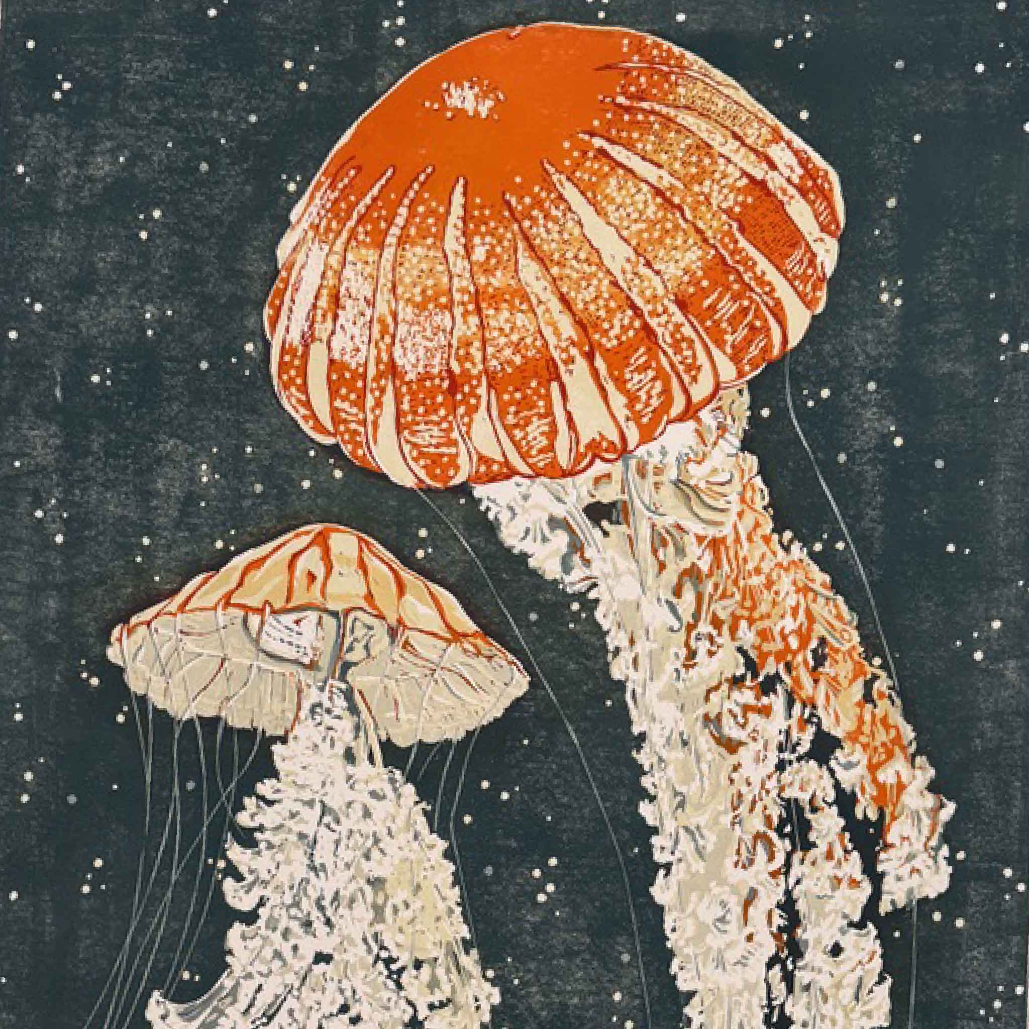 Laurie McIntosh blue ribbon linocut print Jelly Dance, jellyfish in coral and ivory tones on indigo background, archival fine art marine print