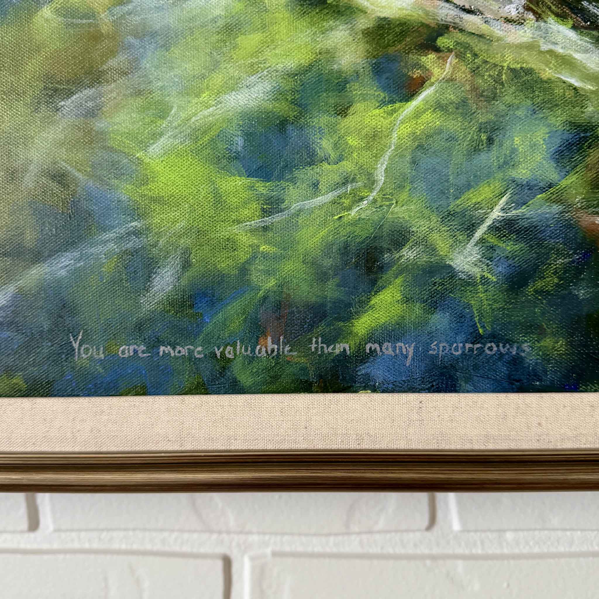 Sold for a Penny acrylic painting by Betsy Boyle, framed artwork with three sparrows on branches and Luke 12:6 inscription ‘You are more valuable than many sparrows,’ exclusive to Gray Man Gallery