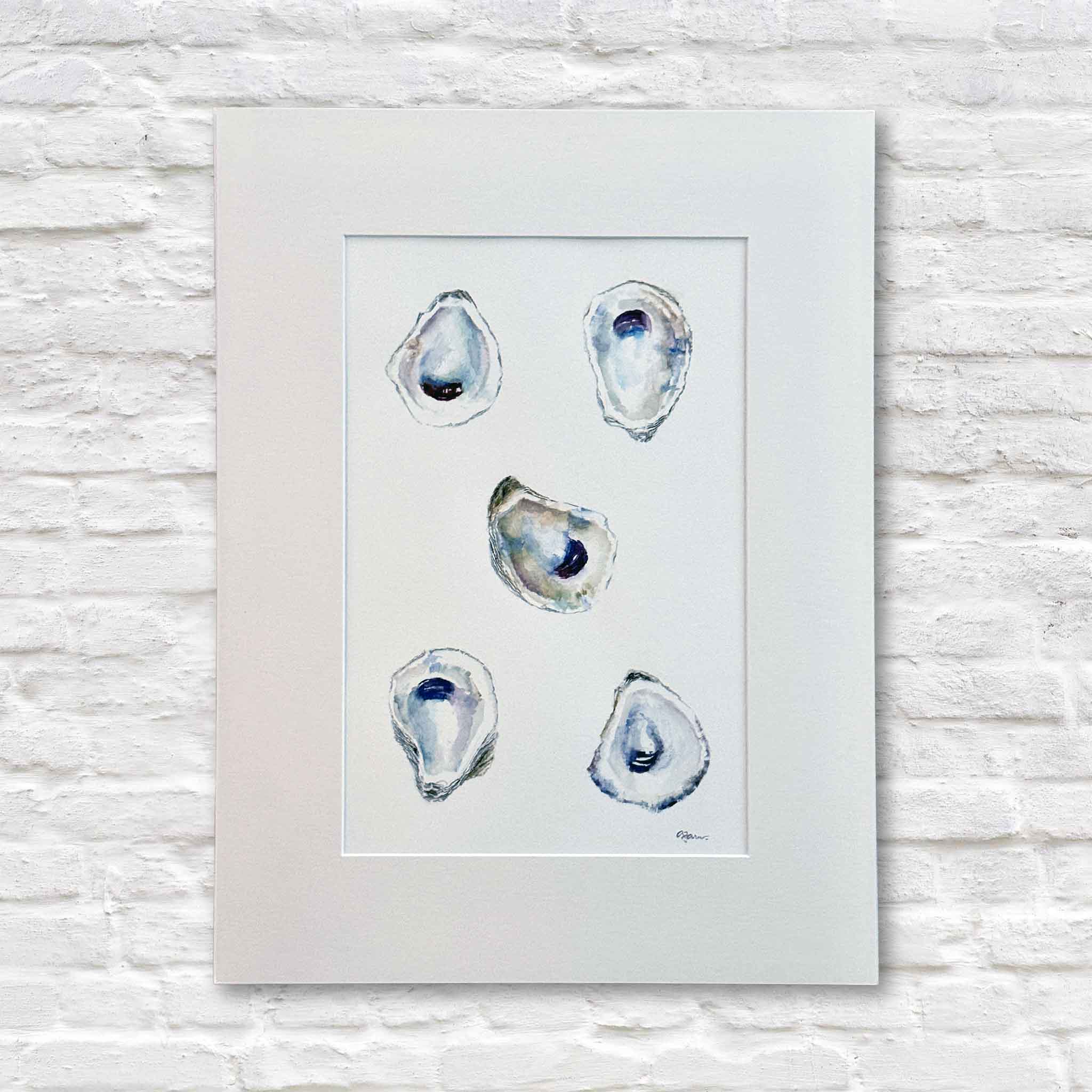 Harmony original watercolor by Allison Farr, featuring five oyster shells in soft coastal tones of lavender, indigo, and sand, matted to 18x24, Lowcountry art