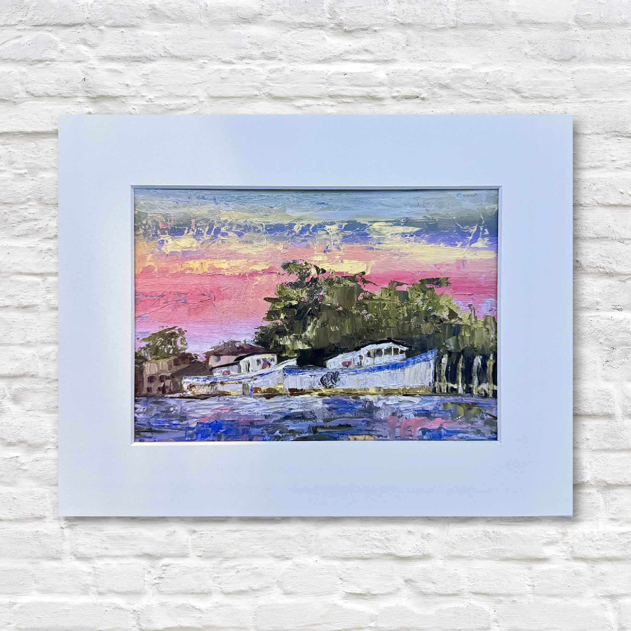 Harbor Sunset giclée print by Jeanne O’Neal featuring Georgetown SC shrimp boats at sunset, matted coastal artwork from the By the Dock series, Gray Man Gallery Pawleys Island