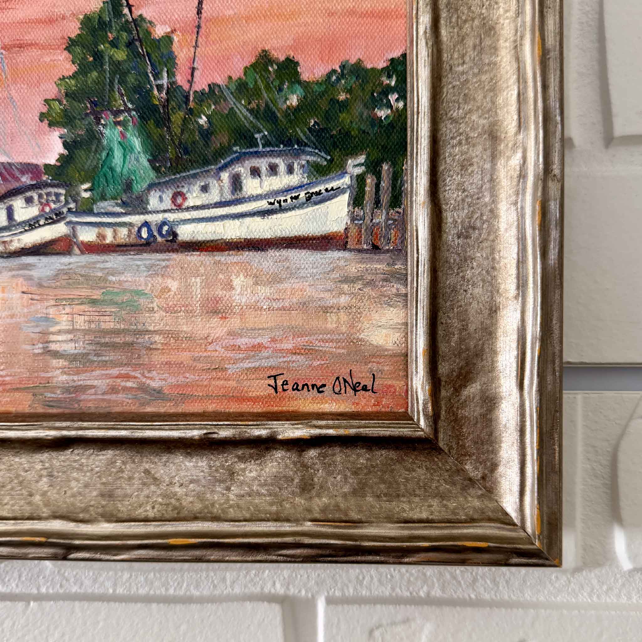 Harbor Glow original oil painting by Jeanne O’Neal depicting Georgetown SC shrimp boats at sunset with warm coral sky, framed coastal artwork from By the Dock collection, Gray Man Gallery Pawleys Island