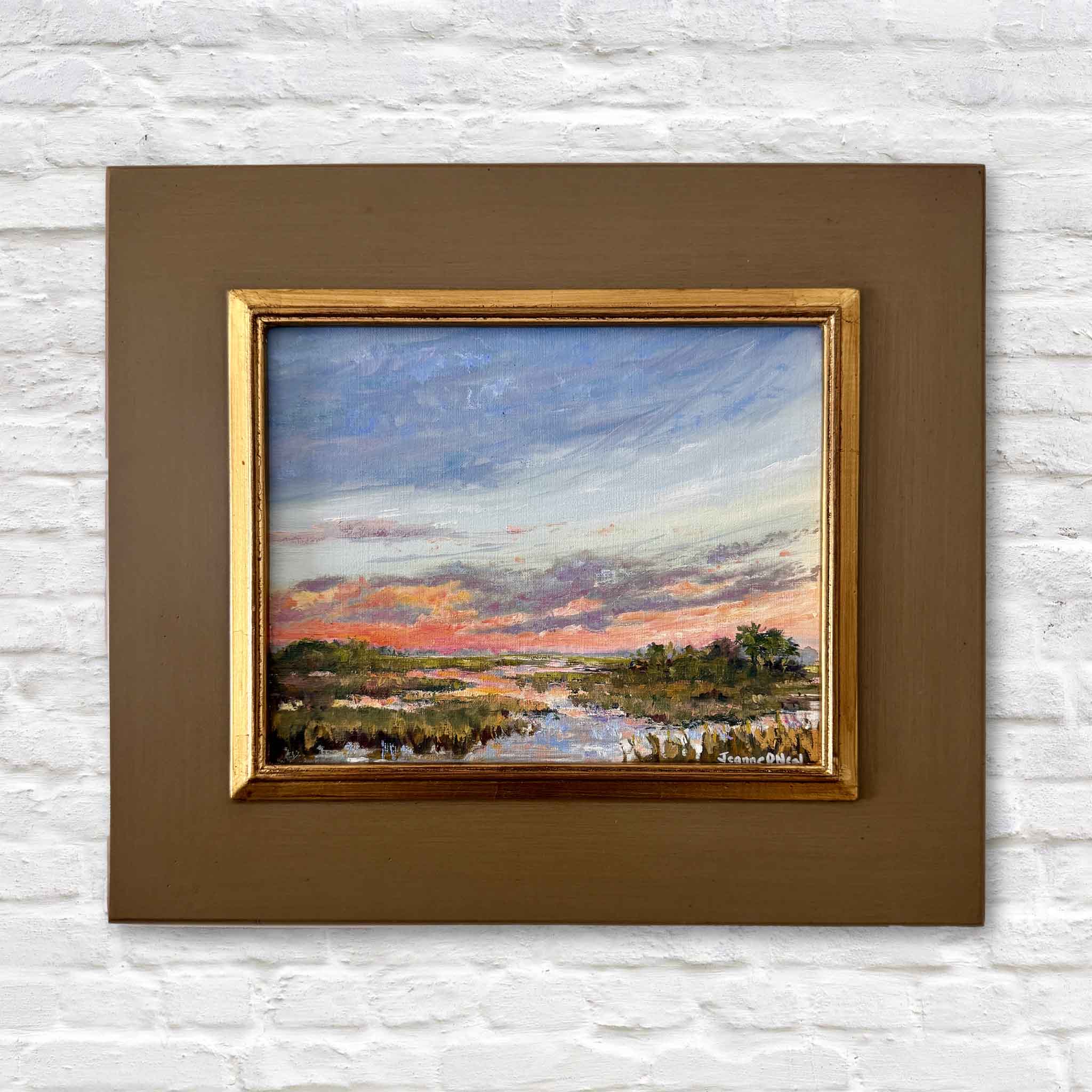 Marsh at Dusk original oil painting by Jeanne O’Neal depicting a South Carolina Lowcountry marsh sunset with pink and gold sky, framed coastal landscape art from Gray Man Gallery, Pawleys Island