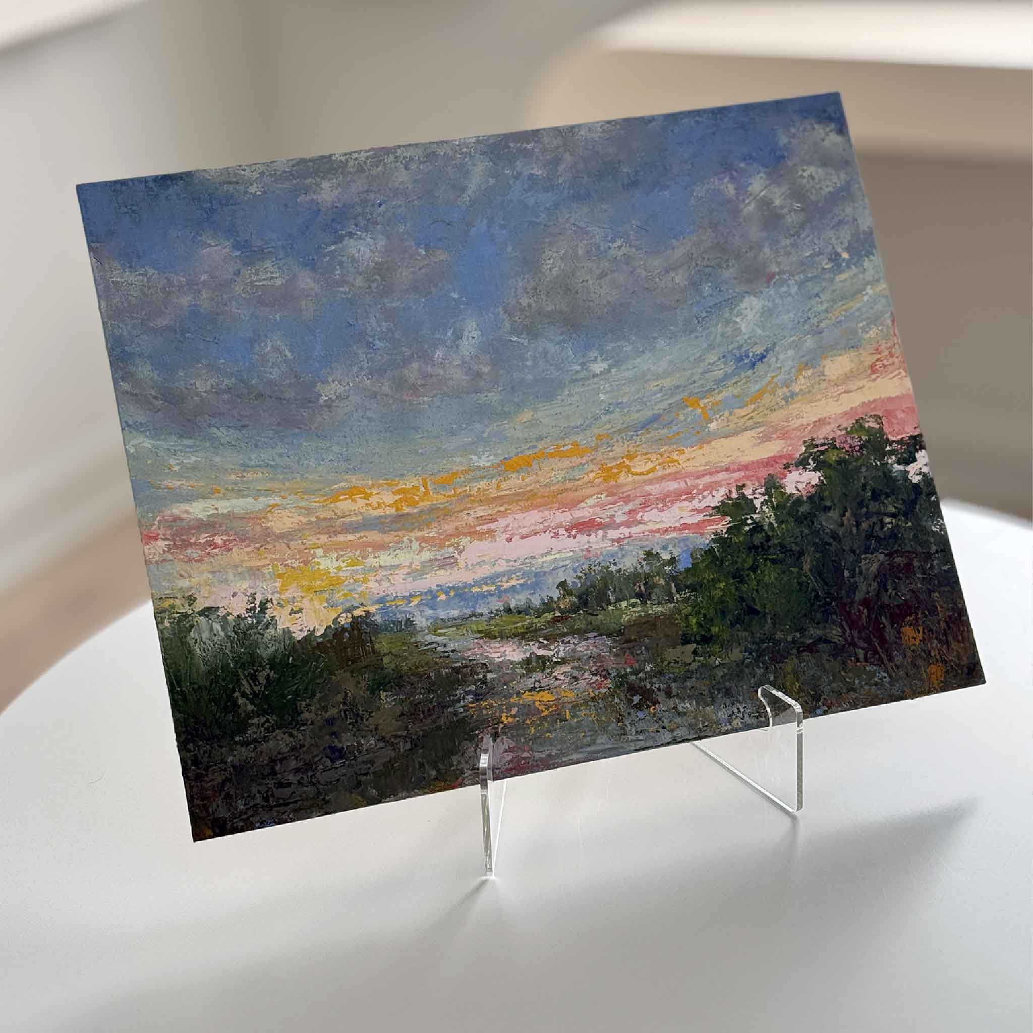 Marshlight original 16x20 oil painting by Jeanne O’Neal depicting a South Carolina Lowcountry marsh at sunset with coral and blue tones, unframed coastal artwork