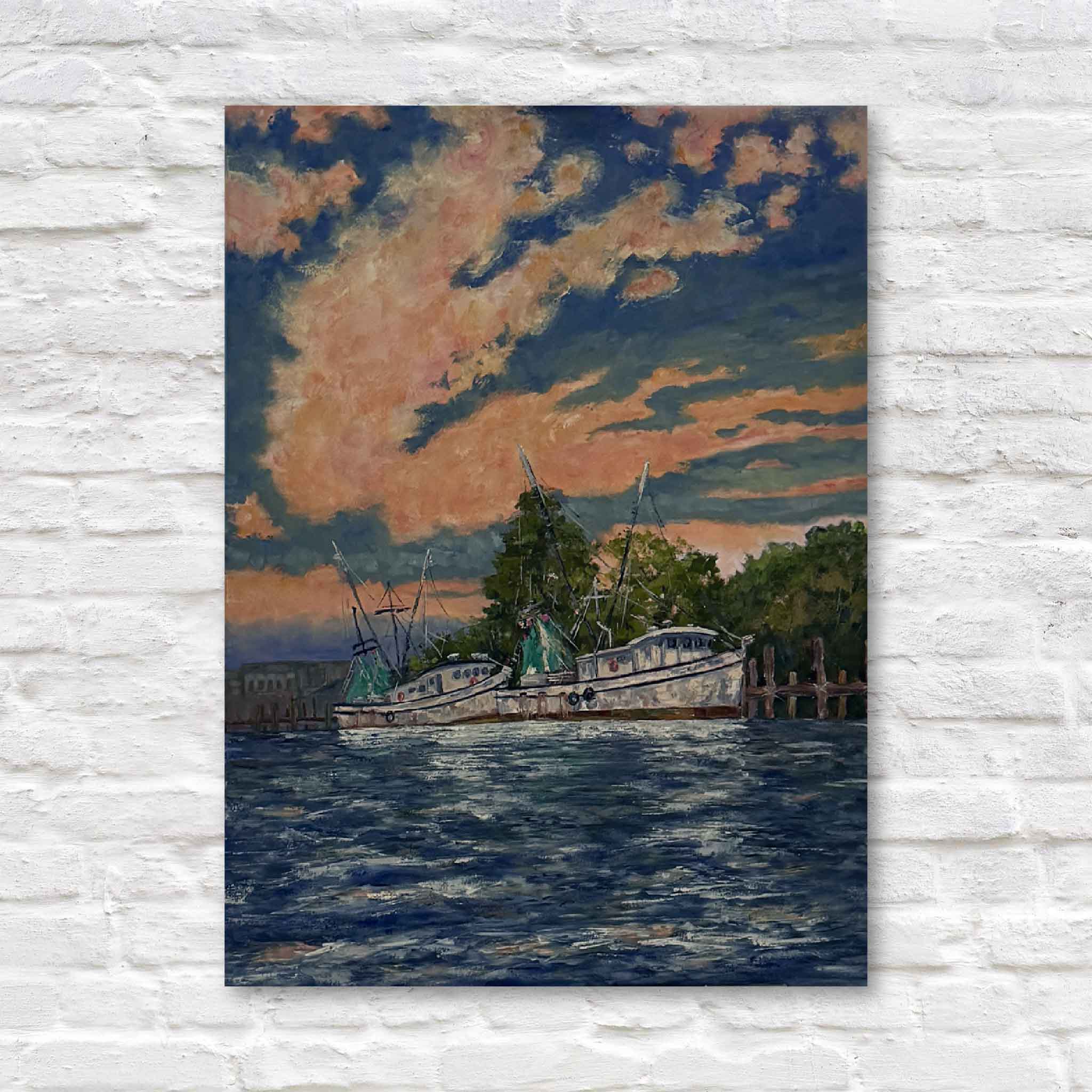 Harbor at Dusk original oil painting by Jeanne O’Neal featuring shrimp boats docked along the Georgetown, South Carolina waterfront beneath a glowing coral sunset, unframed 30x40 coastal artwork.