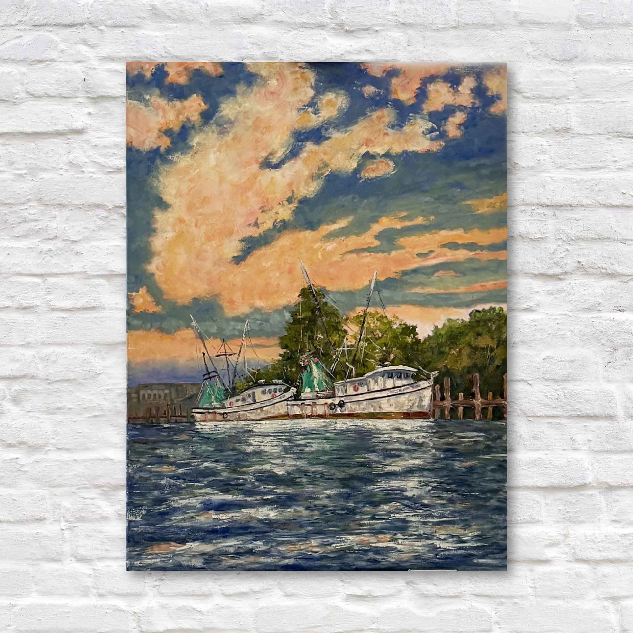 Harbor at Dusk original oil painting by Jeanne O’Neal featuring shrimp boats docked along the Georgetown, South Carolina waterfront beneath a glowing coral sunset, unframed 30x40 coastal artwork.