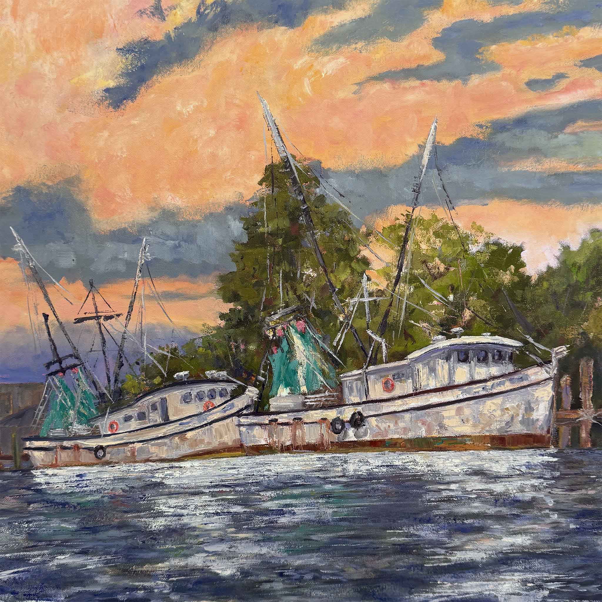 Harbor at Dusk original oil painting by Jeanne O’Neal featuring shrimp boats docked along the Georgetown, South Carolina waterfront beneath a glowing coral sunset, unframed 30x40 coastal artwork.