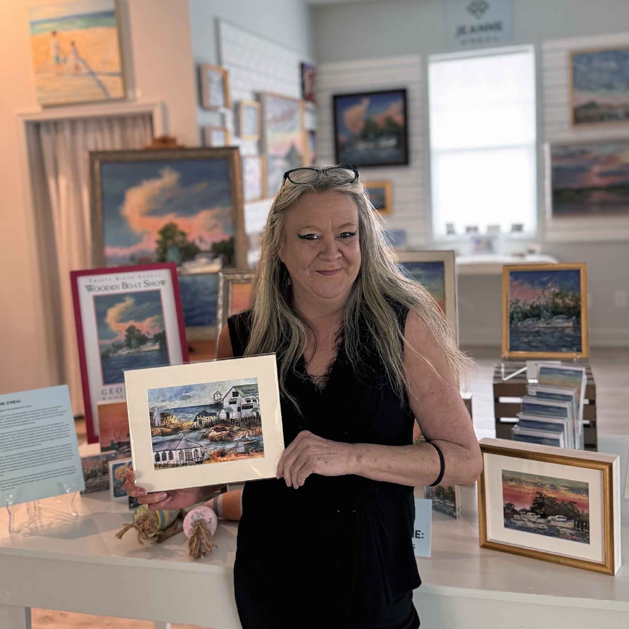 As I Remember It’ print by Tootsie Watkins, watercolor illustration of Pawleys Island landmarks, matted to 8×10. Pictured at Gray Man Gallery.