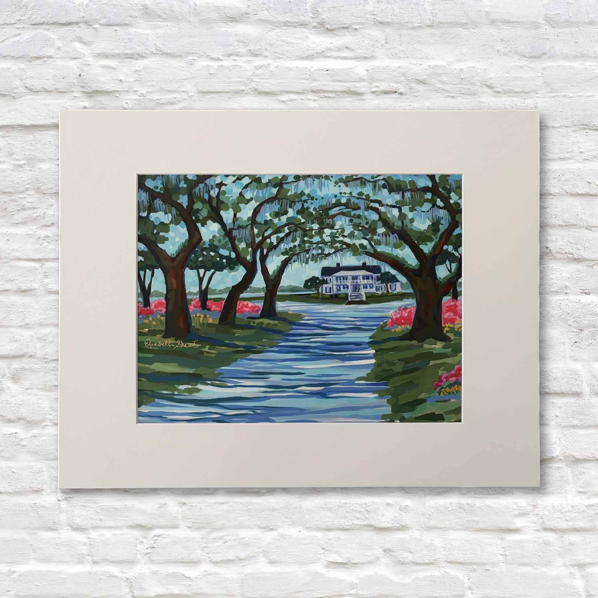 Azaleas at Litchfield giclée print by Elizabeth Sheats, Lowcountry landscape of Litchfield Plantation with azaleas, live oaks, and Southern home, 11x14 print matted to 16x20, available at Gray Man Gallery