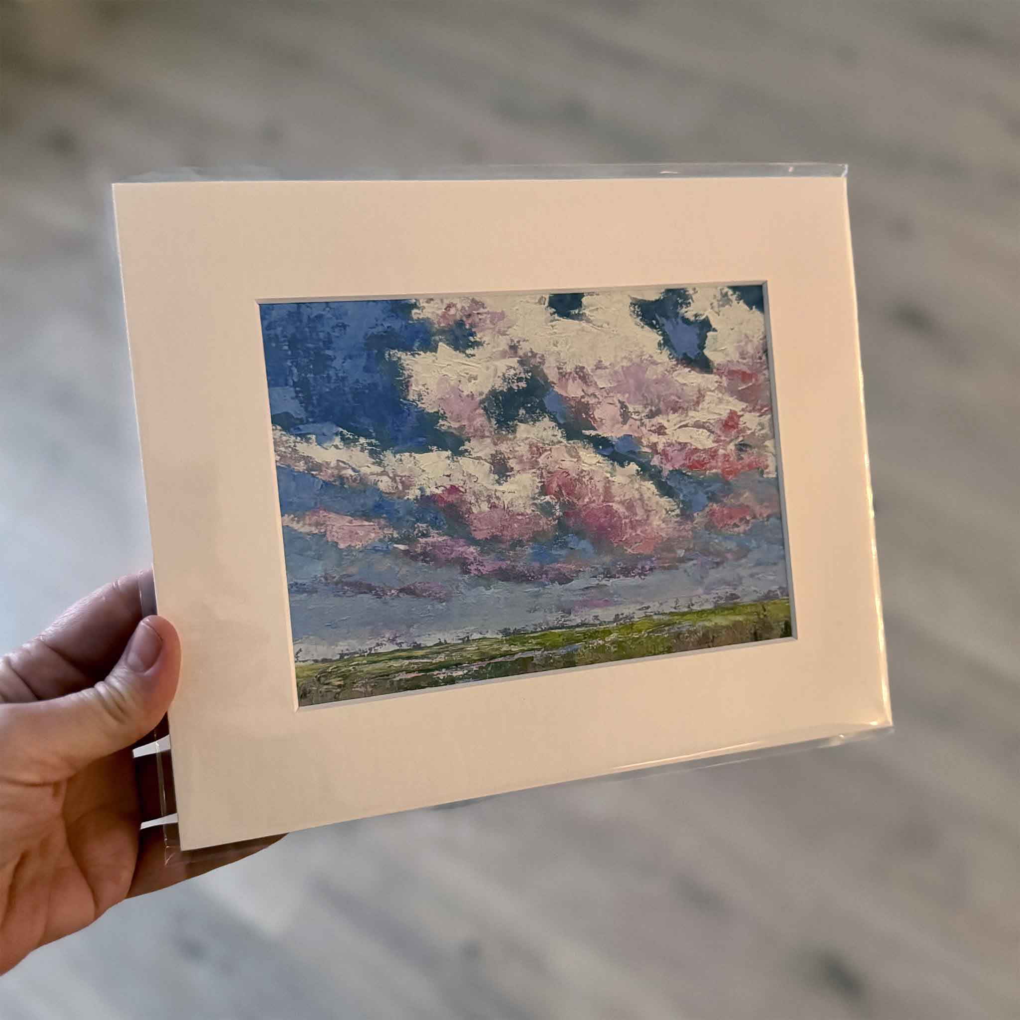 Beneath the Blushing Sky giclée print by Jeanne O’Neal featuring pink and blue clouds over a Lowcountry marsh, printed on archival matte paper and matted to 8x10