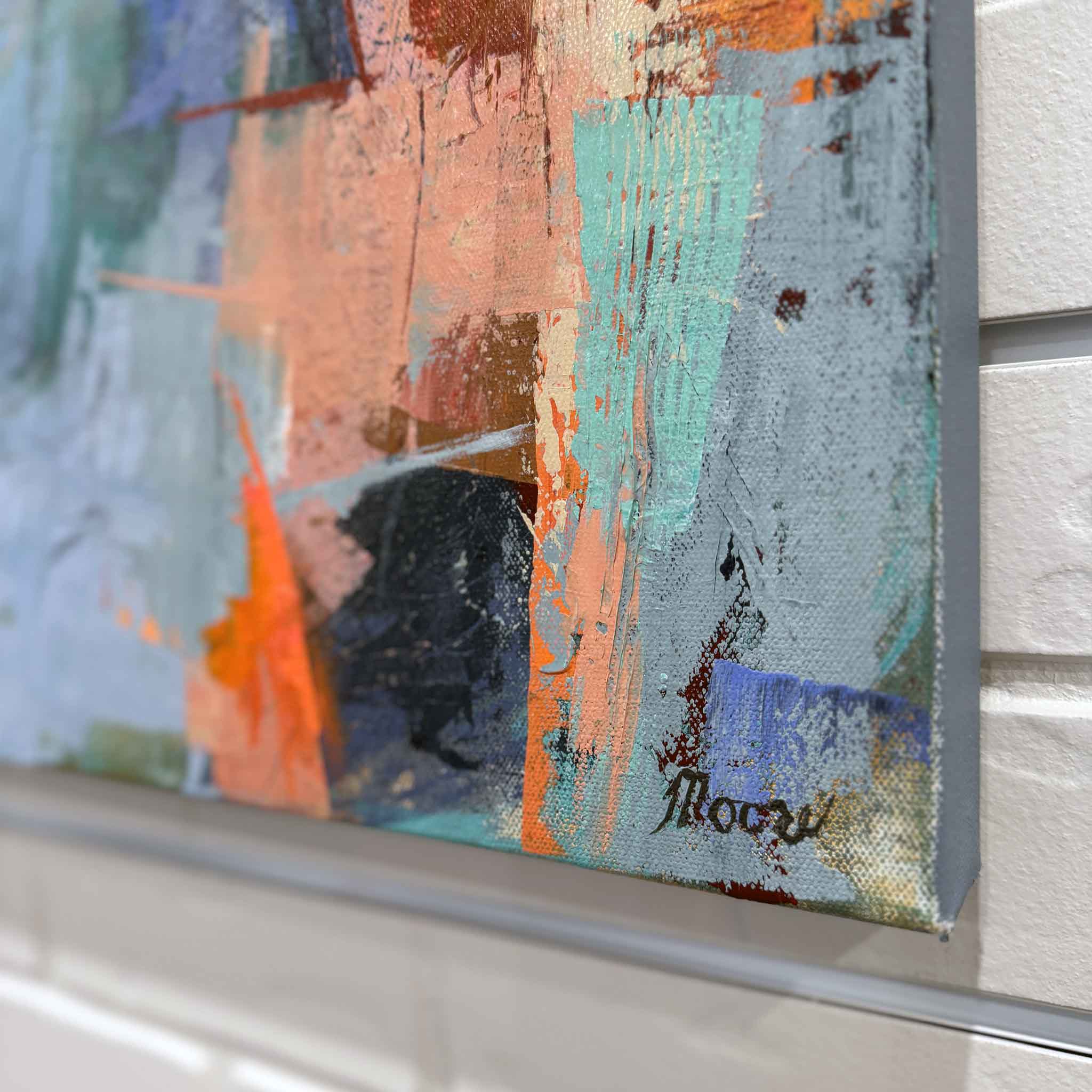 Caribbean Splash abstract acrylic painting by Susan Moore, 24x24 gallery-wrapped canvas with vibrant coral, teal, and blue tones – available at Gray Man Gallery, Pawleys Island SC