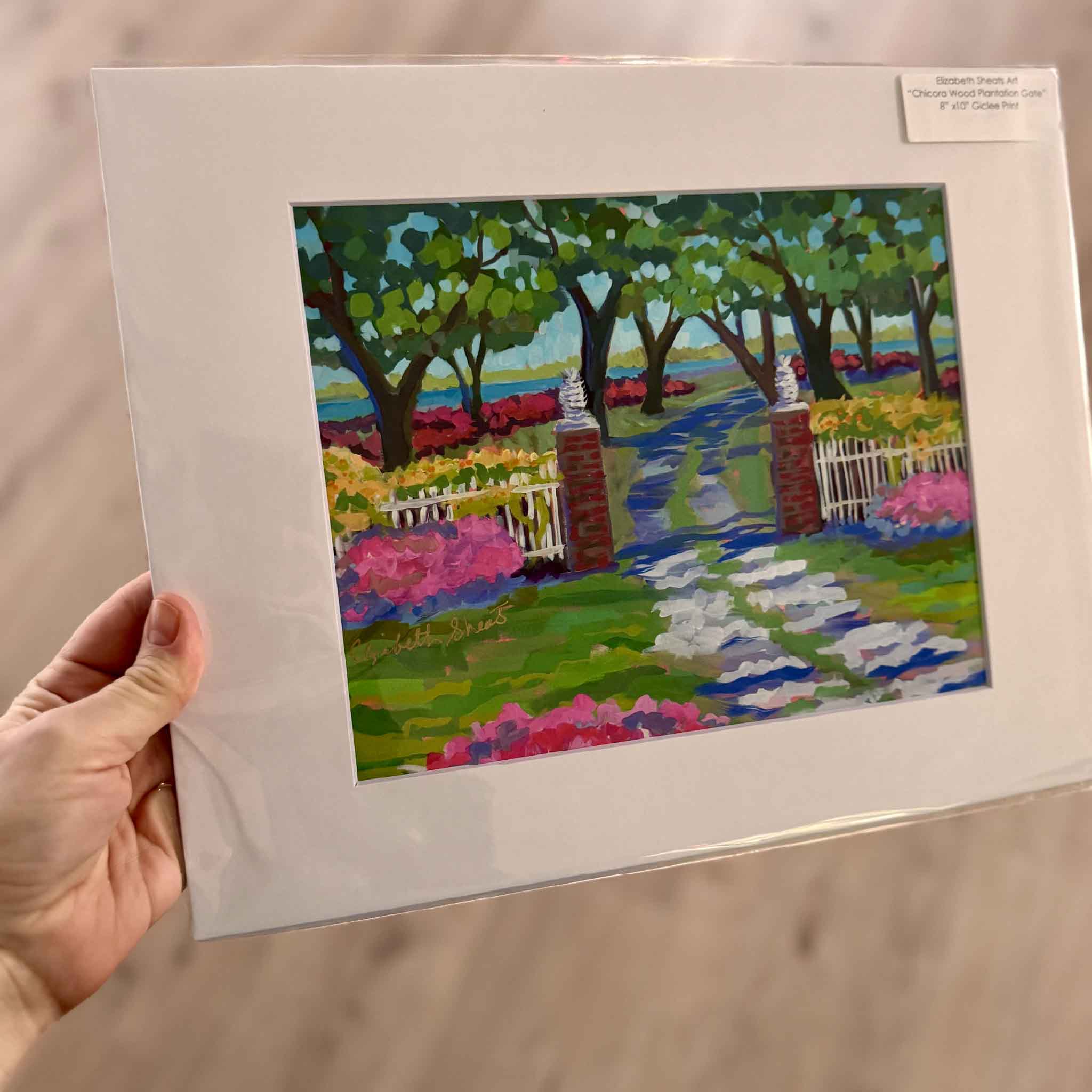 Chicora Wood Plantation Gate giclée print by Elizabeth Sheats, Lowcountry landscape with azaleas, oak trees, and brick gateposts in Georgetown SC, 11x14 print matted to 16x20, available at Gray Man Gallery