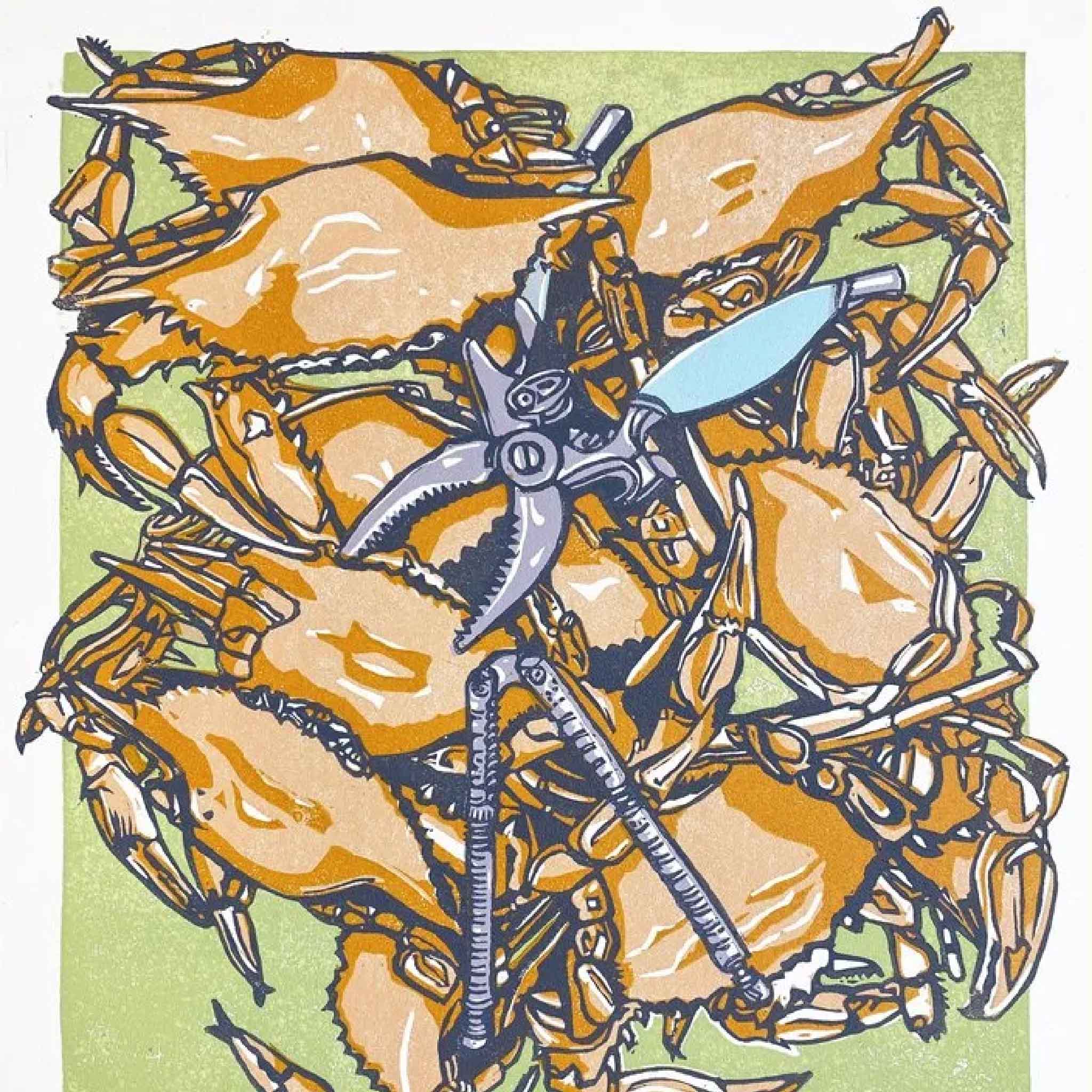 blue crabs, crab claws, and cracking tools—this linocut print by Laurie McIntosh captures the delicious chaos of a proper crab feast.