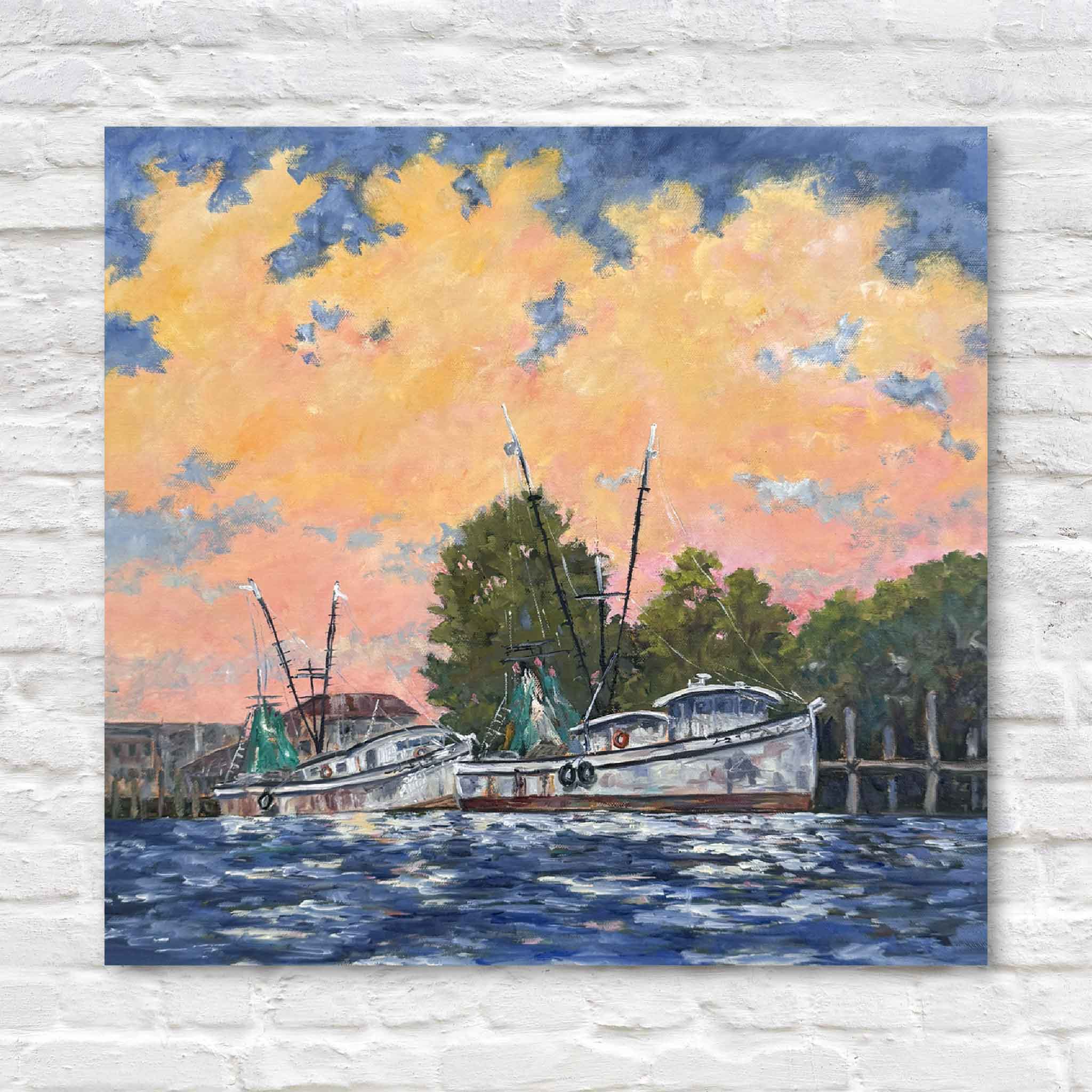 Dockside Light original oil painting by Jeanne O’Neal depicting shrimp boats at the Georgetown, South Carolina docks under a glowing sunset sky, 18x18 coastal art on gallery-wrapped canvas.