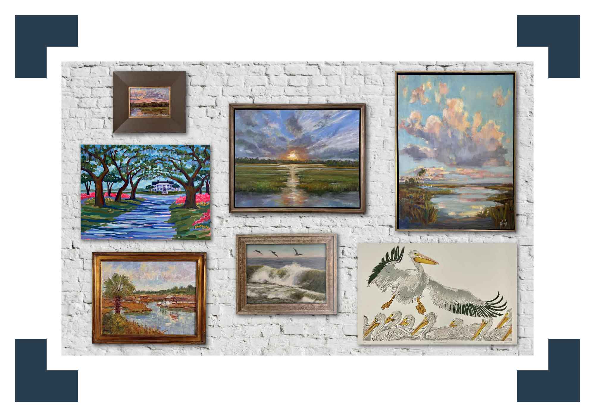 Collection of framed paintings on a white brick wall
