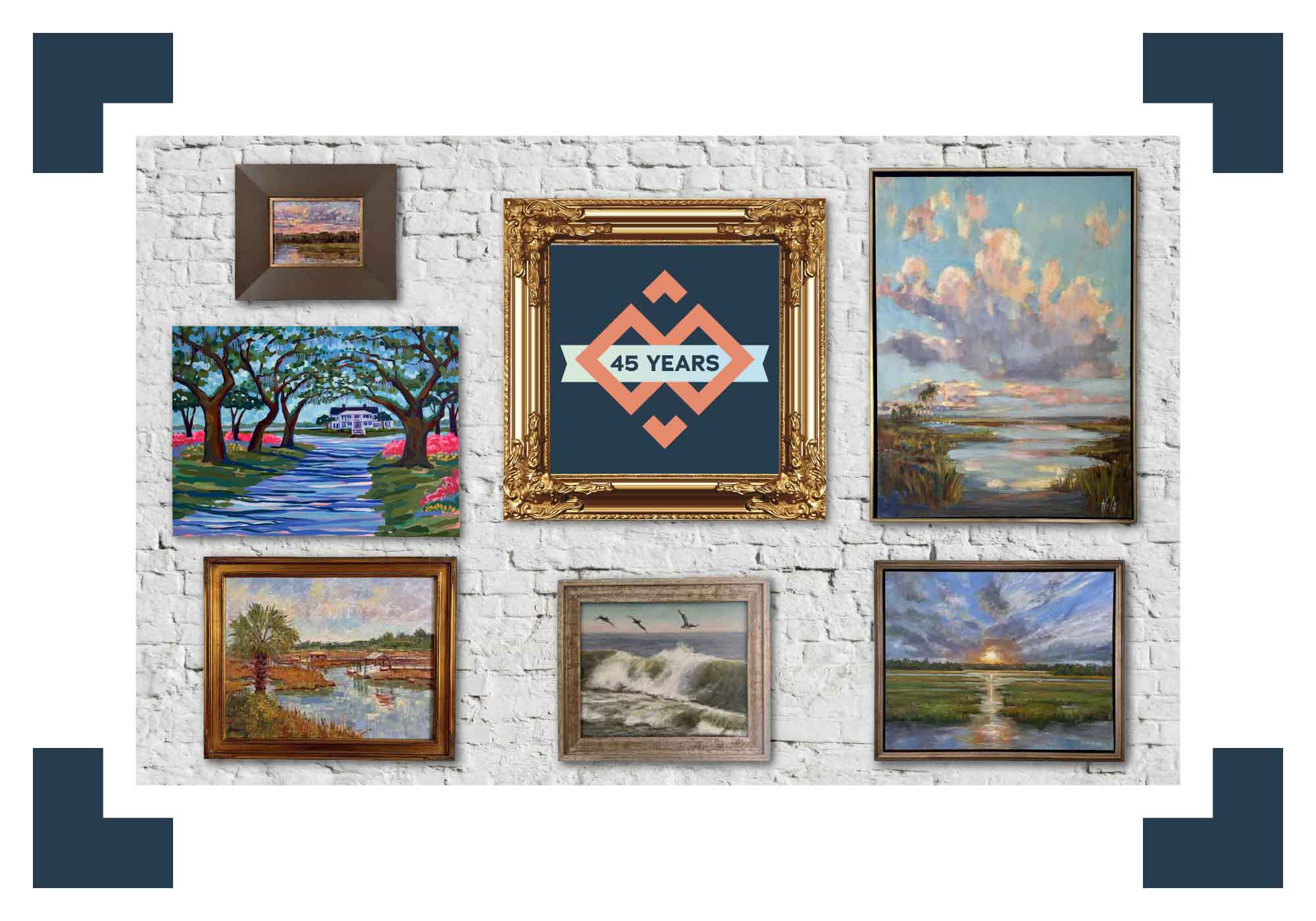 Gray Man Gallery 45th anniversary website banner featuring a framed ‘45 Years’ emblem surrounded by colorful coastal paintings on a white brick wall