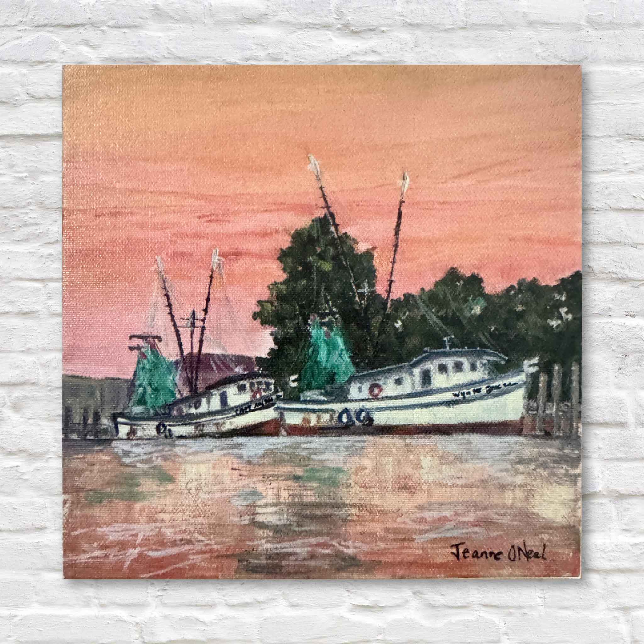 Harbor Glow giclée print by Jeanne O’Neal, shrimp boats on coral-pink water at sunset, coastal South Carolina art, Gray Man Gallery