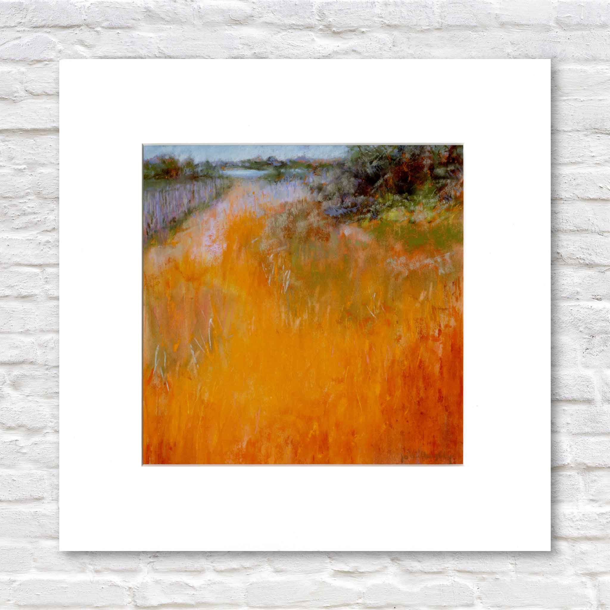 “Heating Up” pastel print by Joanne Willoughby, matted to 12×12 with vibrant orange marsh grasses and coastal landscape.