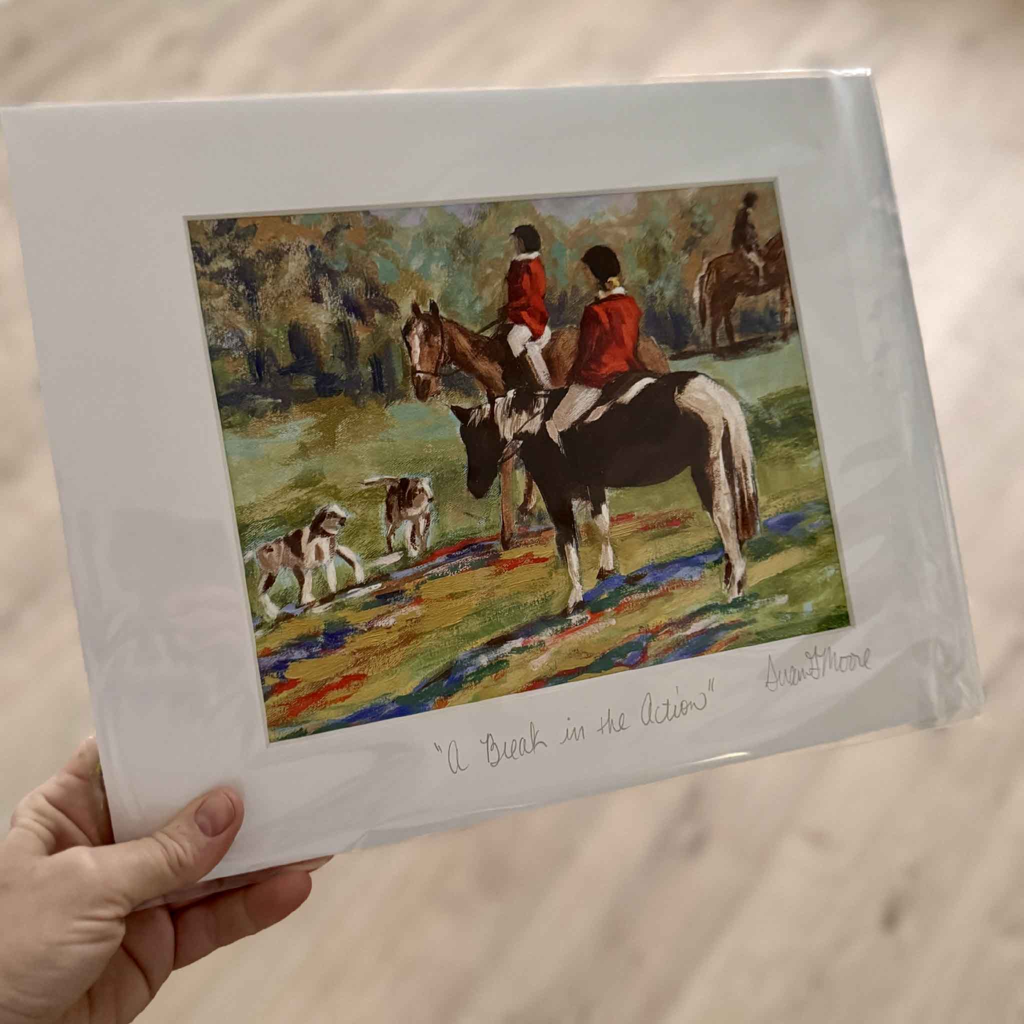 14x11 matted giclée print A Break in the Action by Susan Moore featuring equestrian riders and hounds resting in a colorful pastoral landscape.