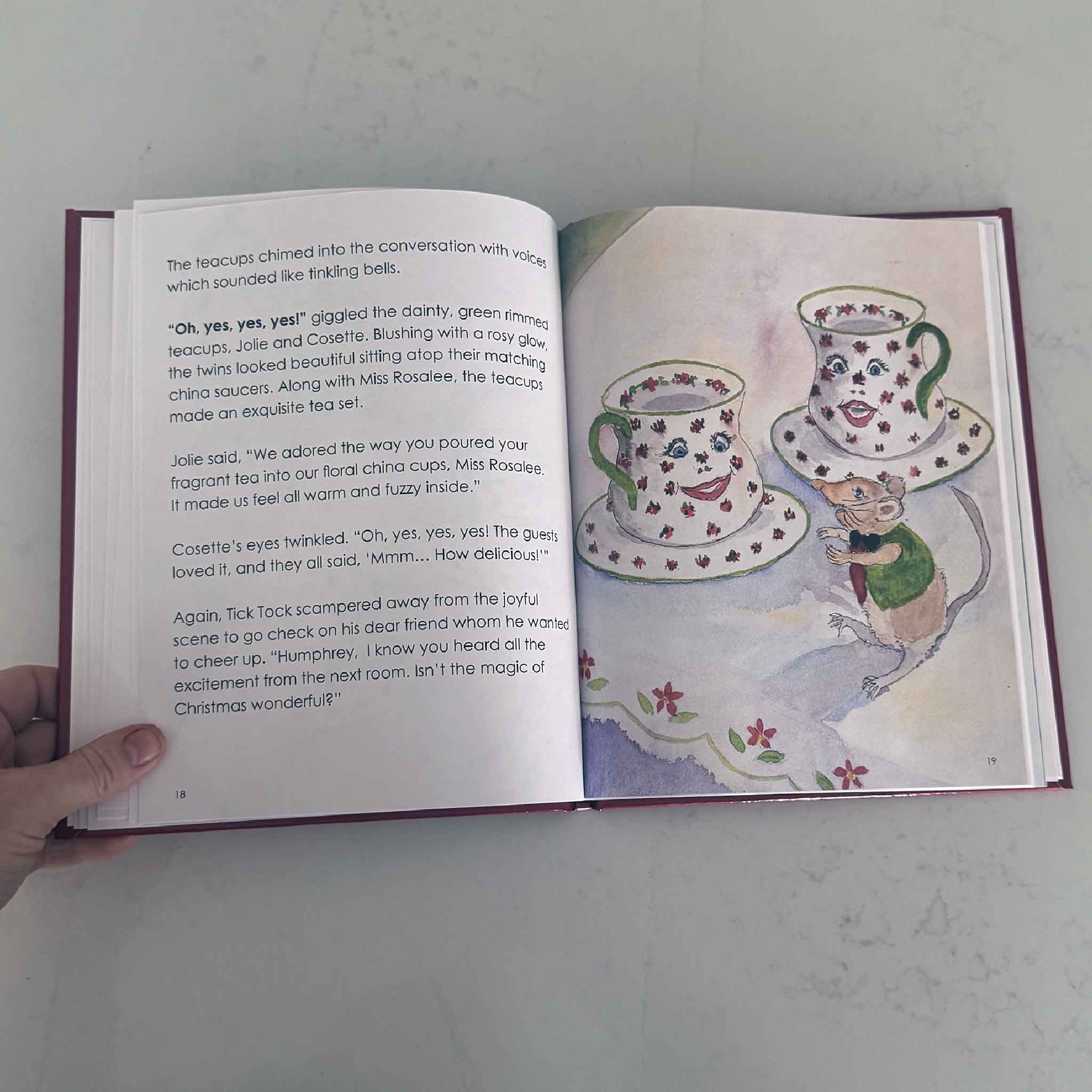 Inside pages of Tick Tock the Christmas Mouse by Christine Thomas Doran, illustrated by Janice M. Coward, featuring a watercolor of the Kaminski House Museum with a cheerful mouse on the front steps.