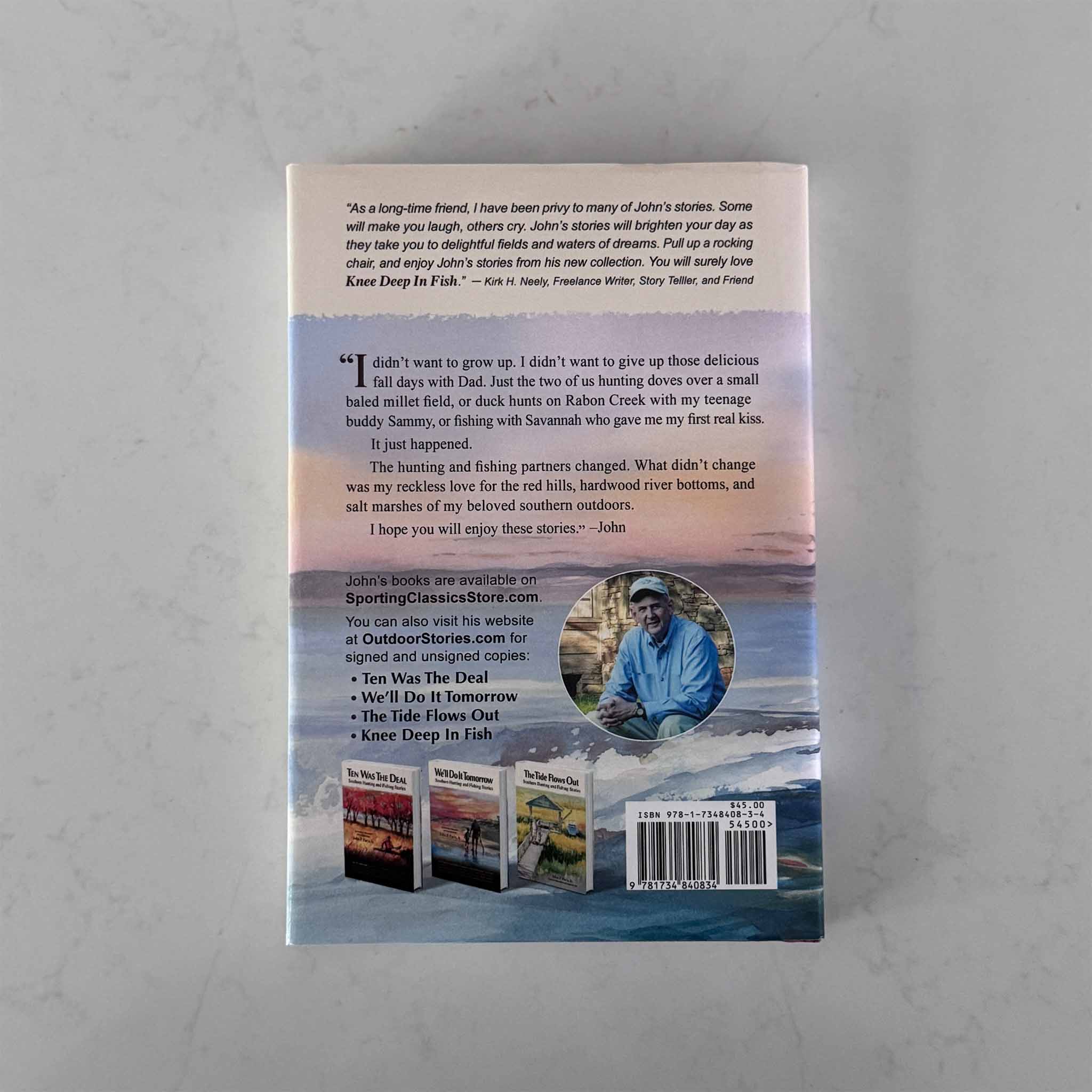 Back cover of Knee Deep in Fish by John P. Faris, Jr., with author bio and praise for his Southern outdoor writing.