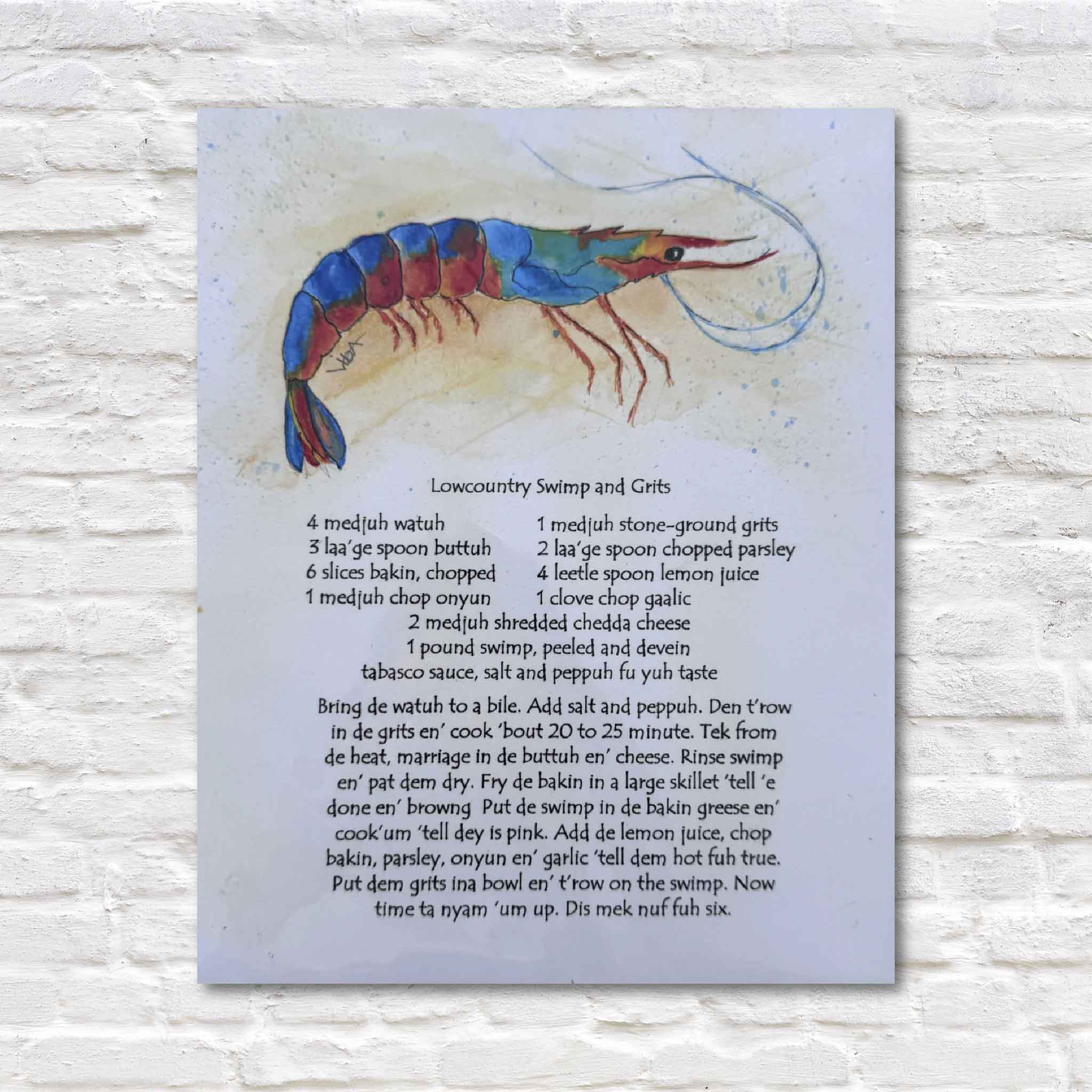 Colorful watercolor shrimp illustration with Gullah-style shrimp and grits recipe by Vida Miller; 8x10 print ready for standard frames.
