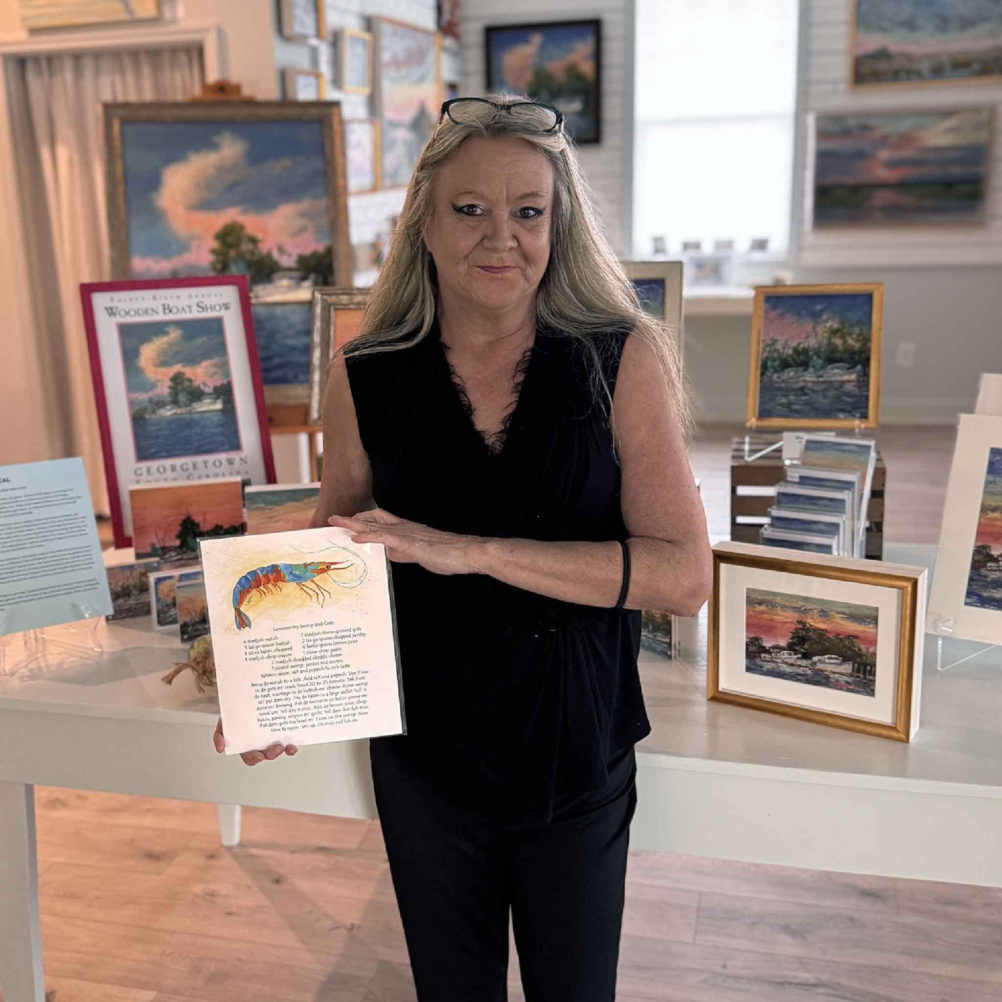 Colorful watercolor shrimp illustration with Gullah-style shrimp and grits recipe by Vida Miller; 8x10 print ready for standard frames. Pictured at Gray Man Gallery.