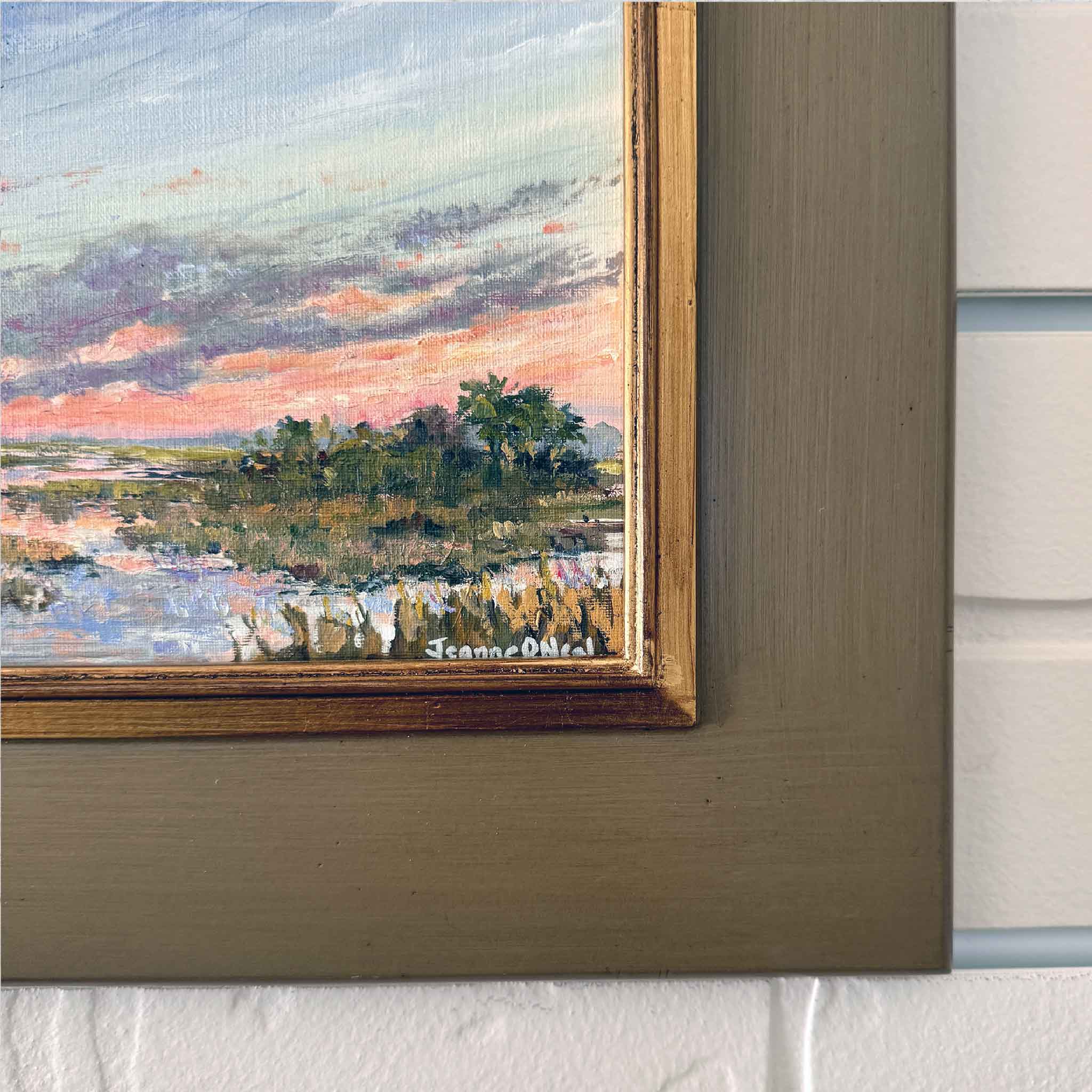 Marsh at Dusk original oil painting by Jeanne O’Neal depicting a South Carolina Lowcountry marsh sunset with pink and gold sky, framed coastal landscape art from Gray Man Gallery, Pawleys Island