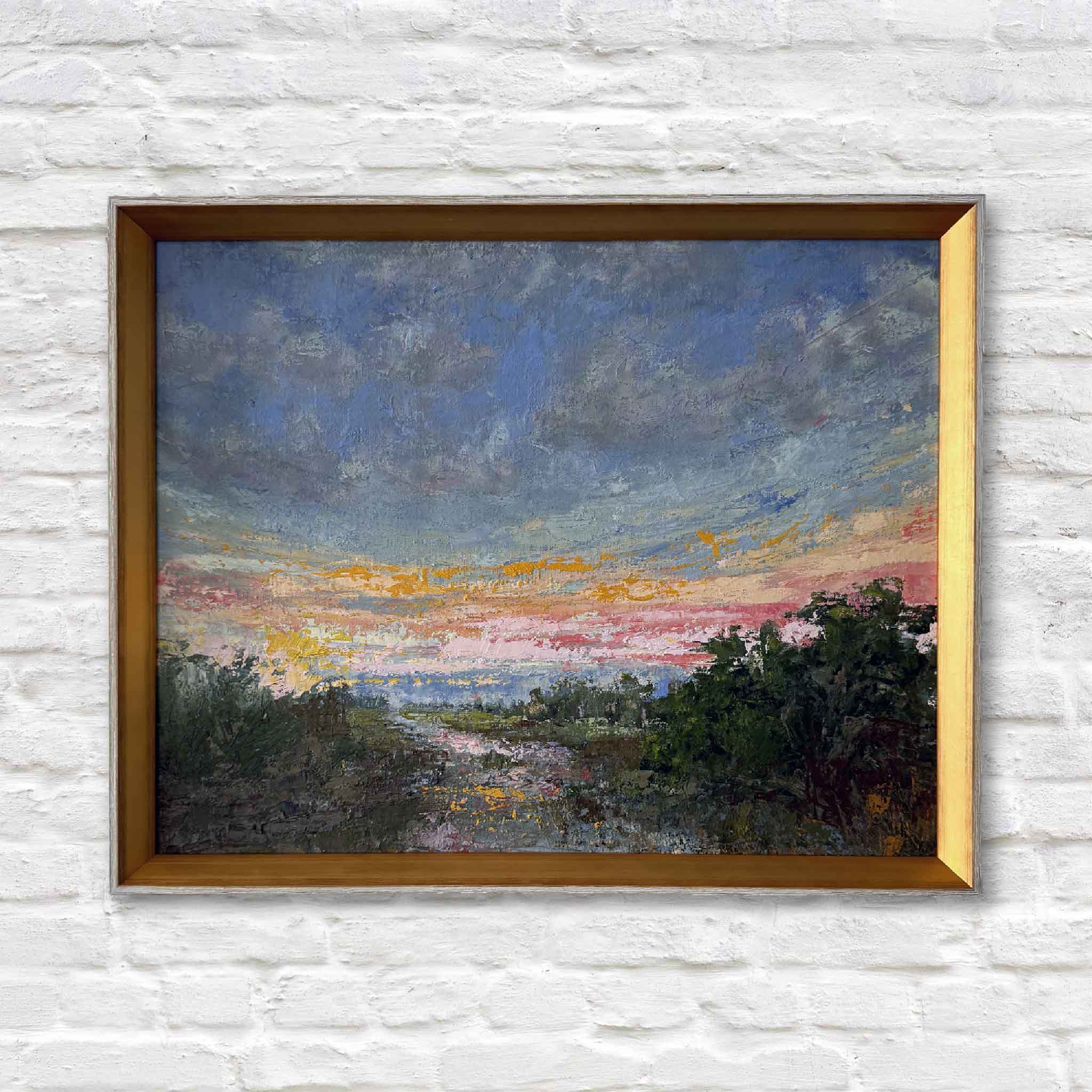 Original oil painting “Marshlight” by Jeanne O’Neal, framed in a gold slope frame, featuring a glowing Lowcountry marsh at dusk with soft coral and lavender light.