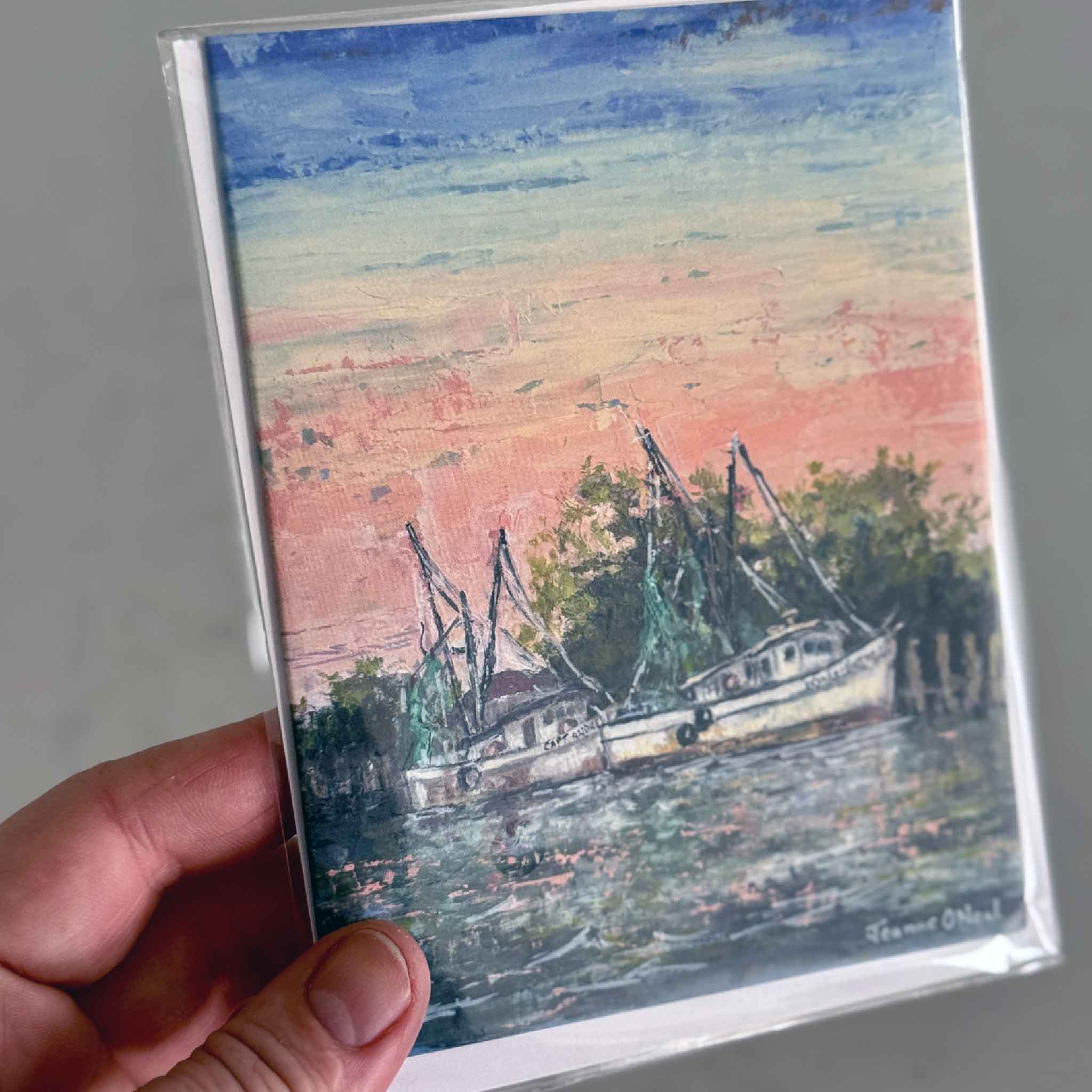 Morning Harbor fine art notecard by Jeanne O’Neal featuring shrimp boats on the Georgetown, South Carolina harbor at sunrise in soft rose and sky tones.