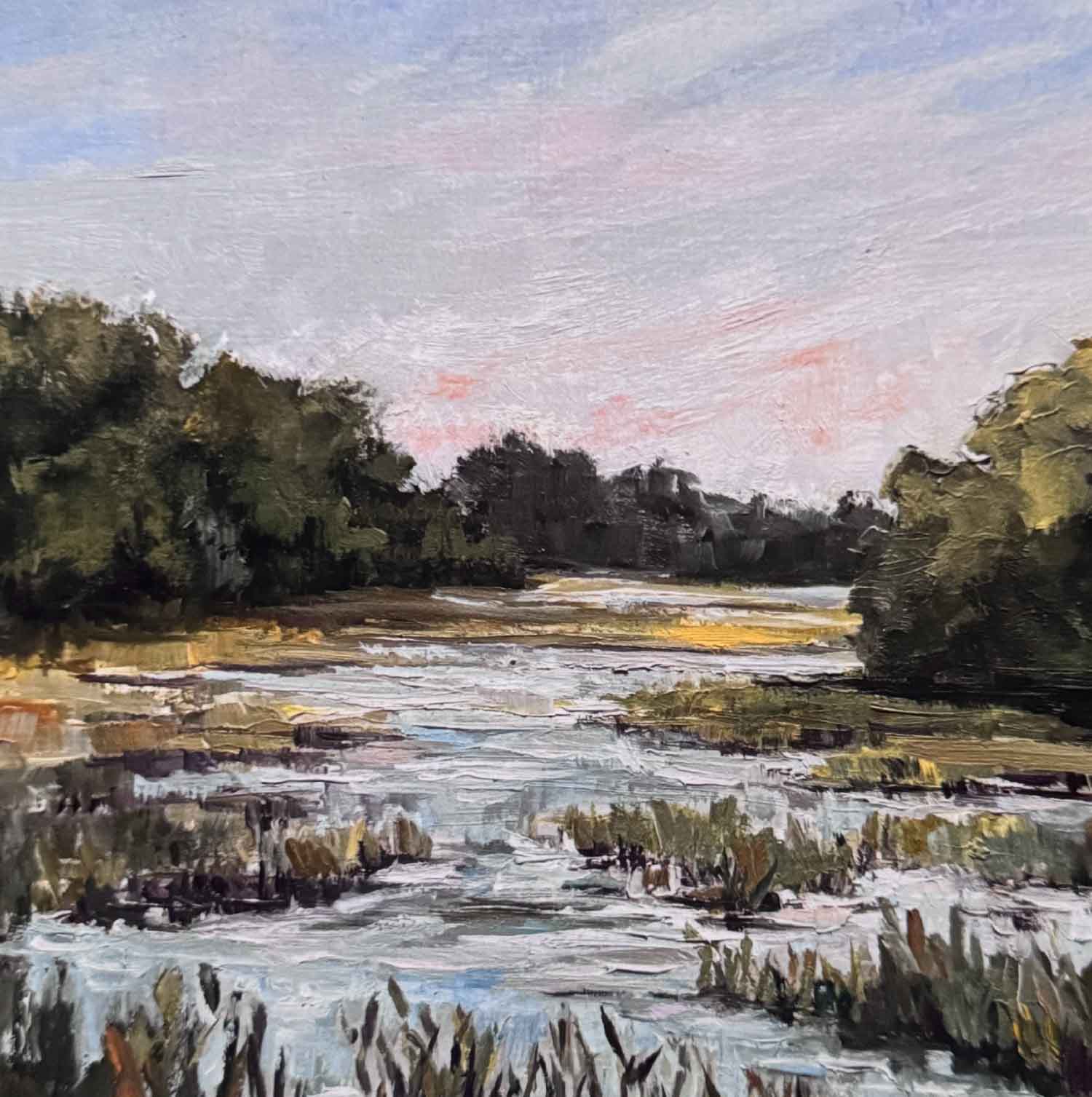 Painting of a river landscape with trees and a cloudy sky.