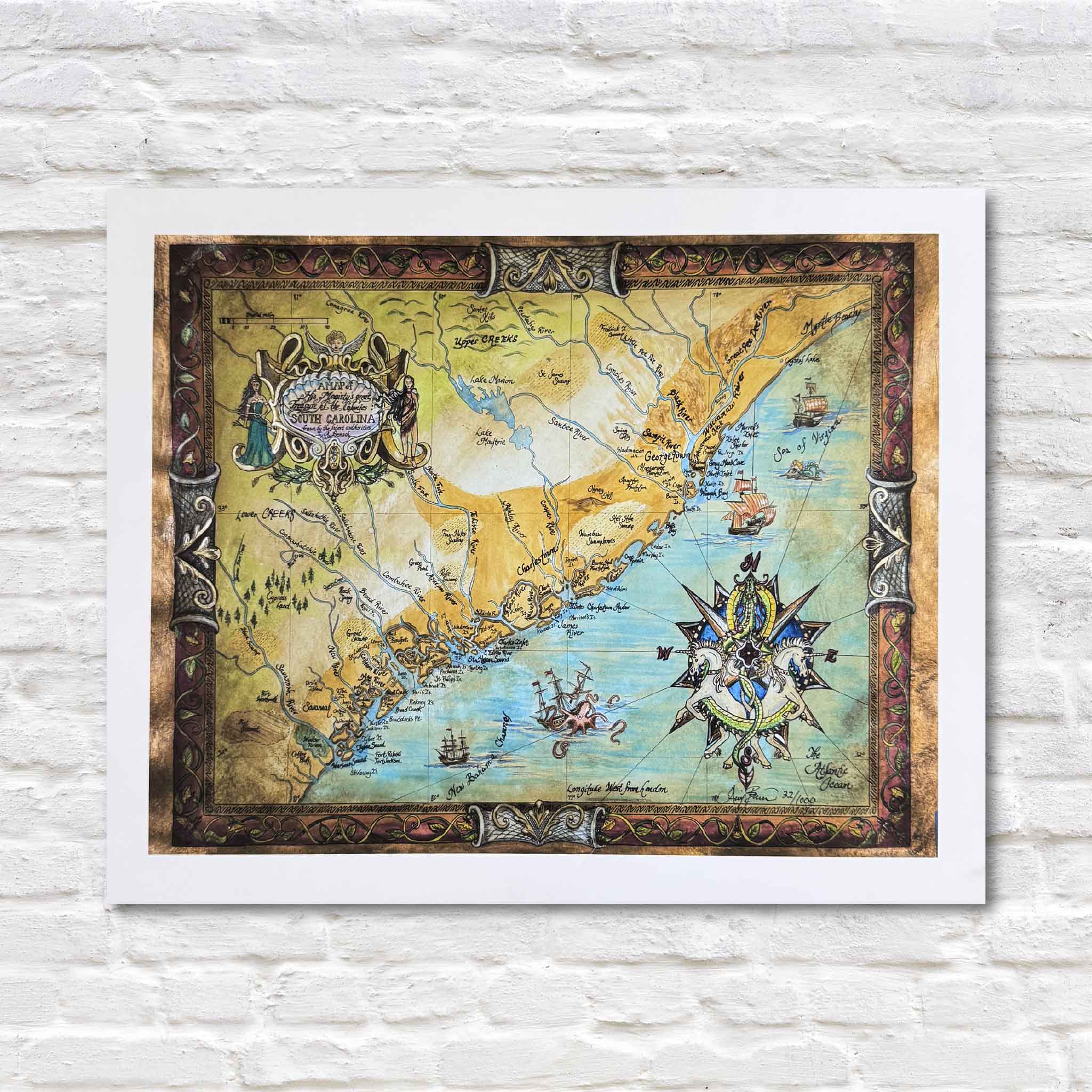 Vintage-style map of a coastal region with decorative elements on a white brick wall background.