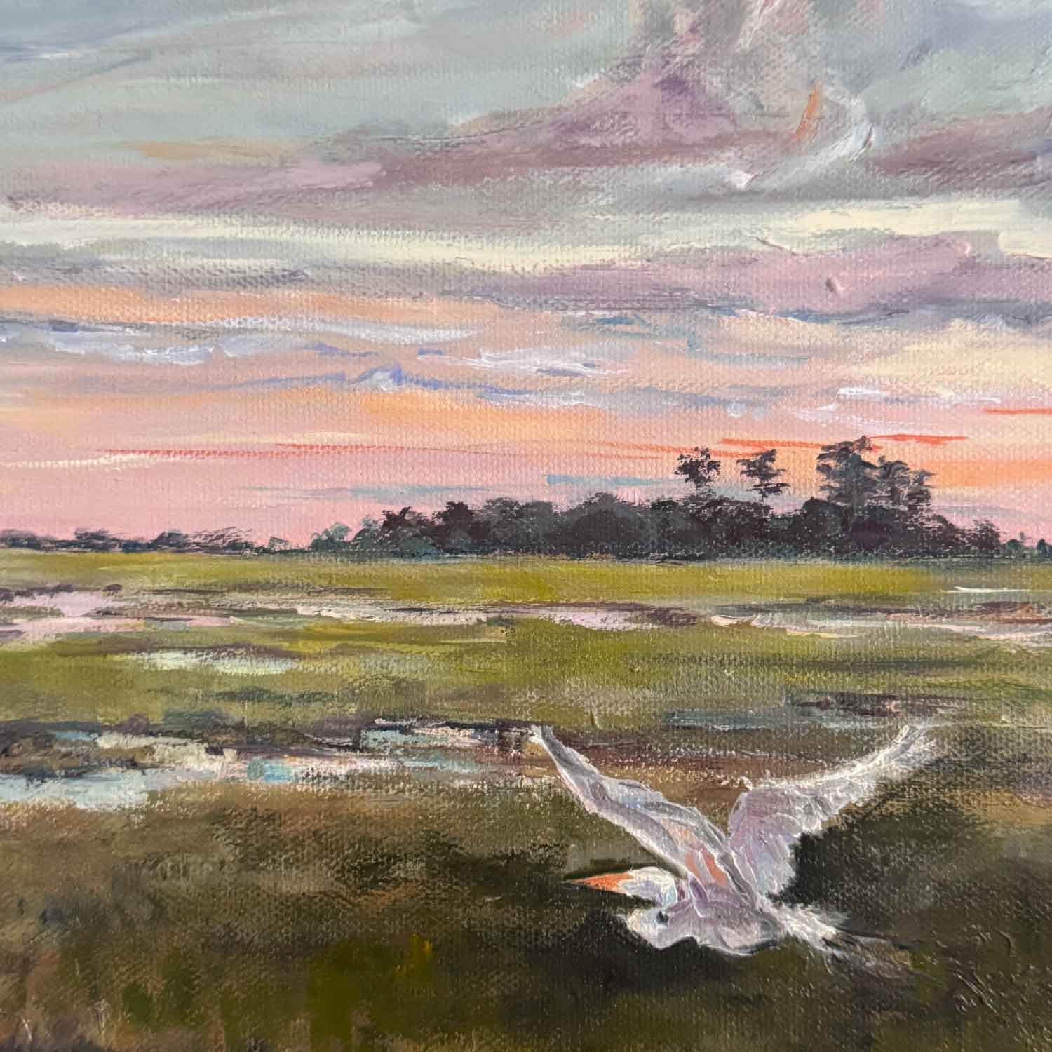 Painting of a bird flying over a marshland with a colorful sky.