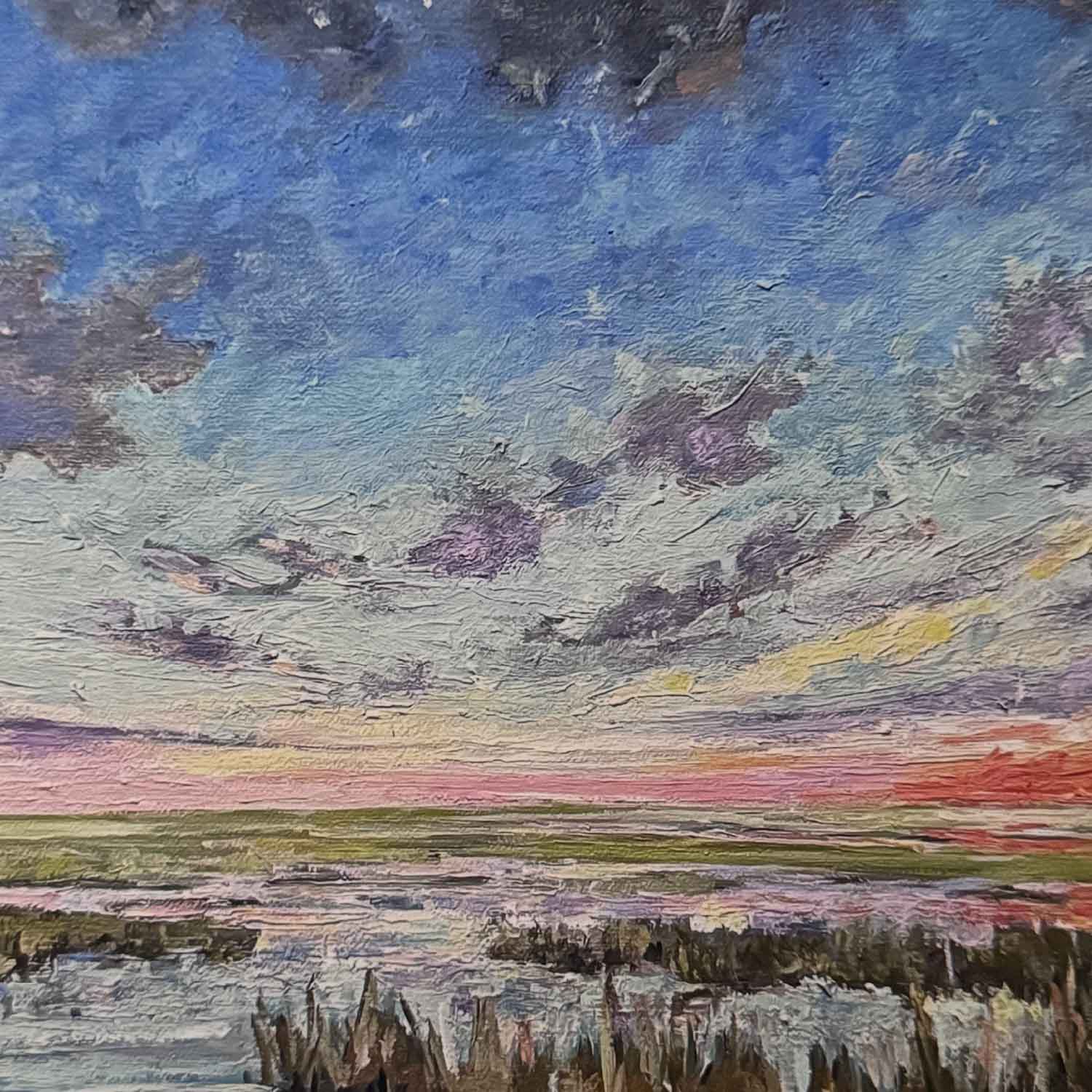 Painting of a landscape with a colorful sky and ground.