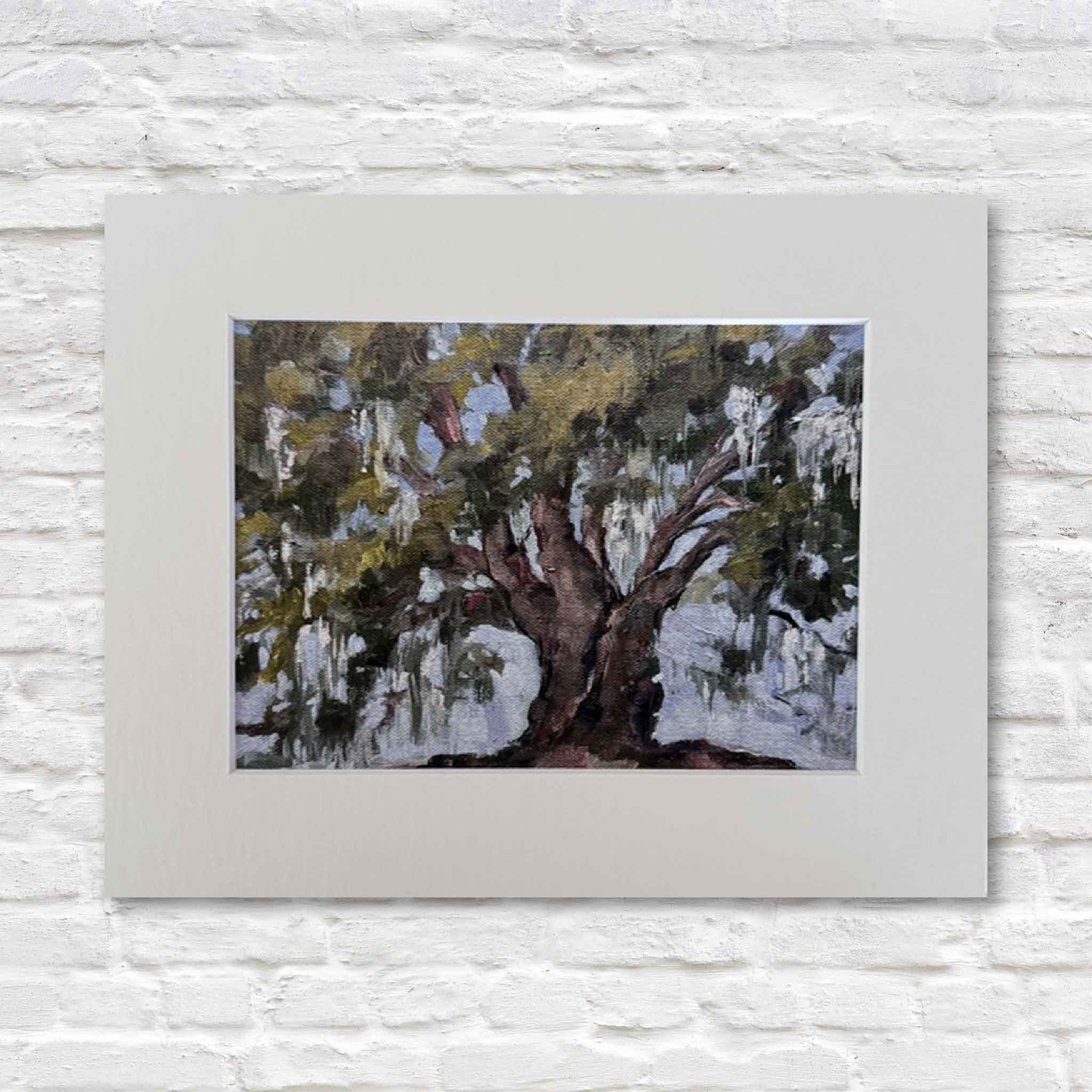 Quiet Strength giclée print by Jeanne O’Neal featuring a Southern live oak tree with Spanish moss, Lowcountry landscape from the Among the Trees collection at Gray Man Gallery Pawleys Island SC
