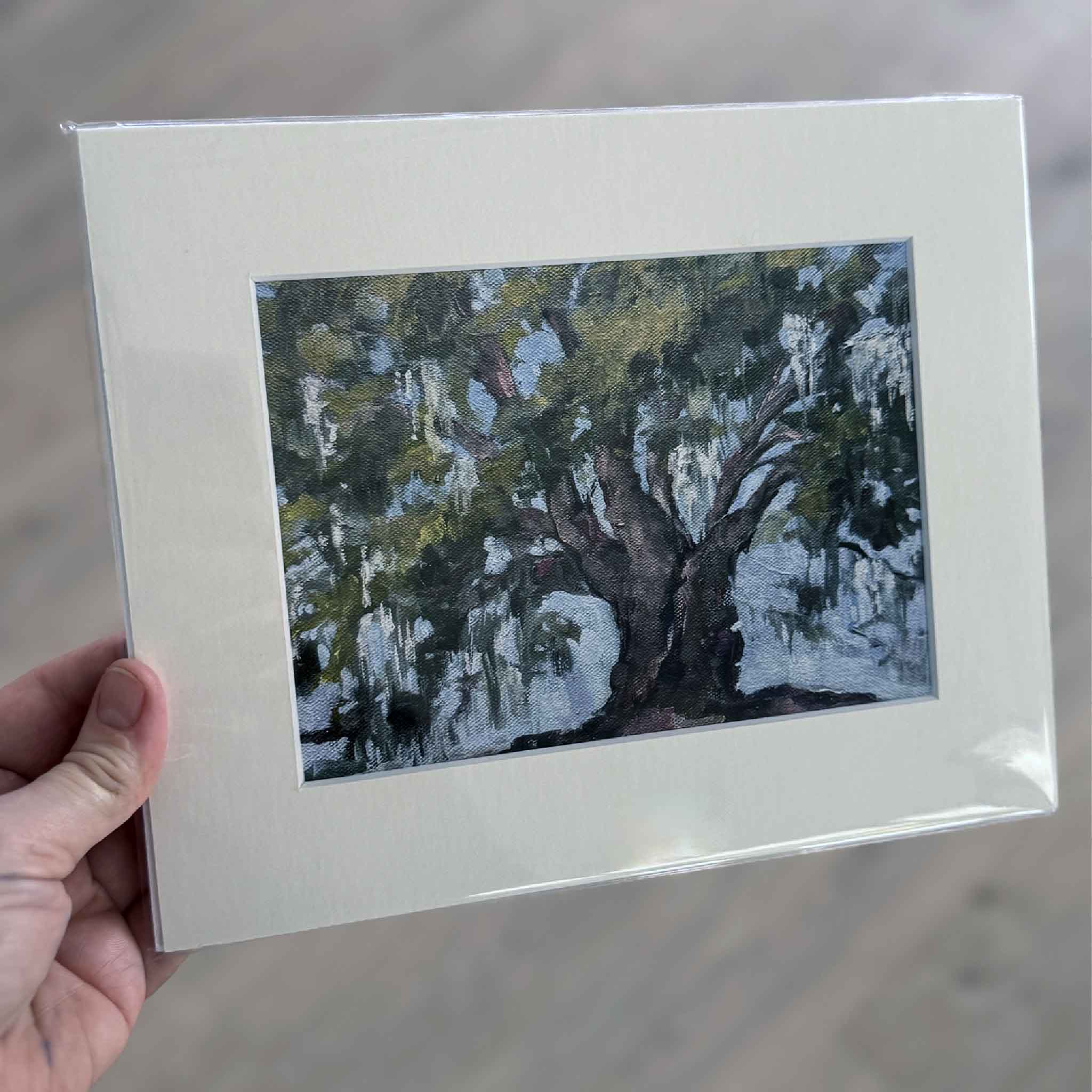Quiet Strength giclée print by Jeanne O’Neal featuring a Southern live oak tree with Spanish moss, Lowcountry landscape from the Among the Trees collection at Gray Man Gallery Pawleys Island SC