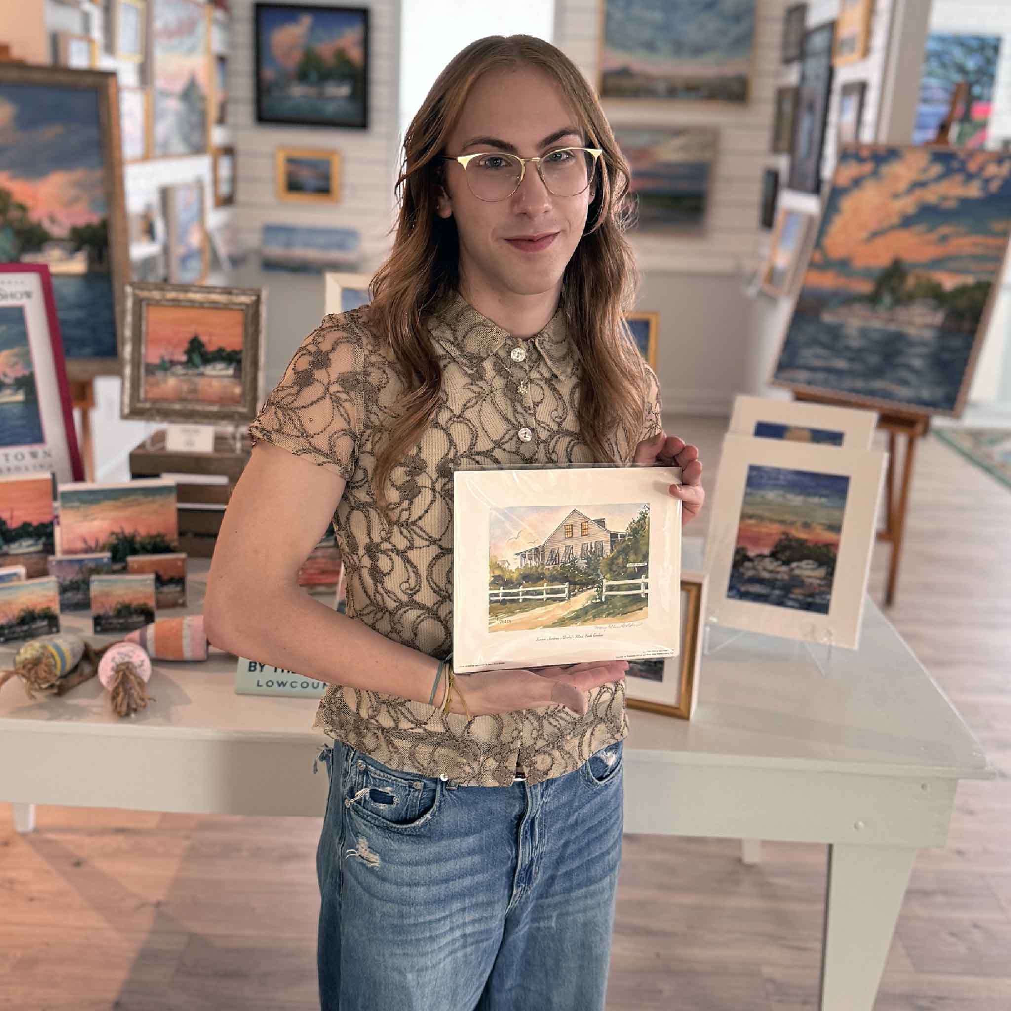 8x10 art print of “Summer Academy” by watercolor artist Mary Ellen Golden featuring the historic Pawleys Island Summer Academy house. Pictured at Gray Man Gallery.