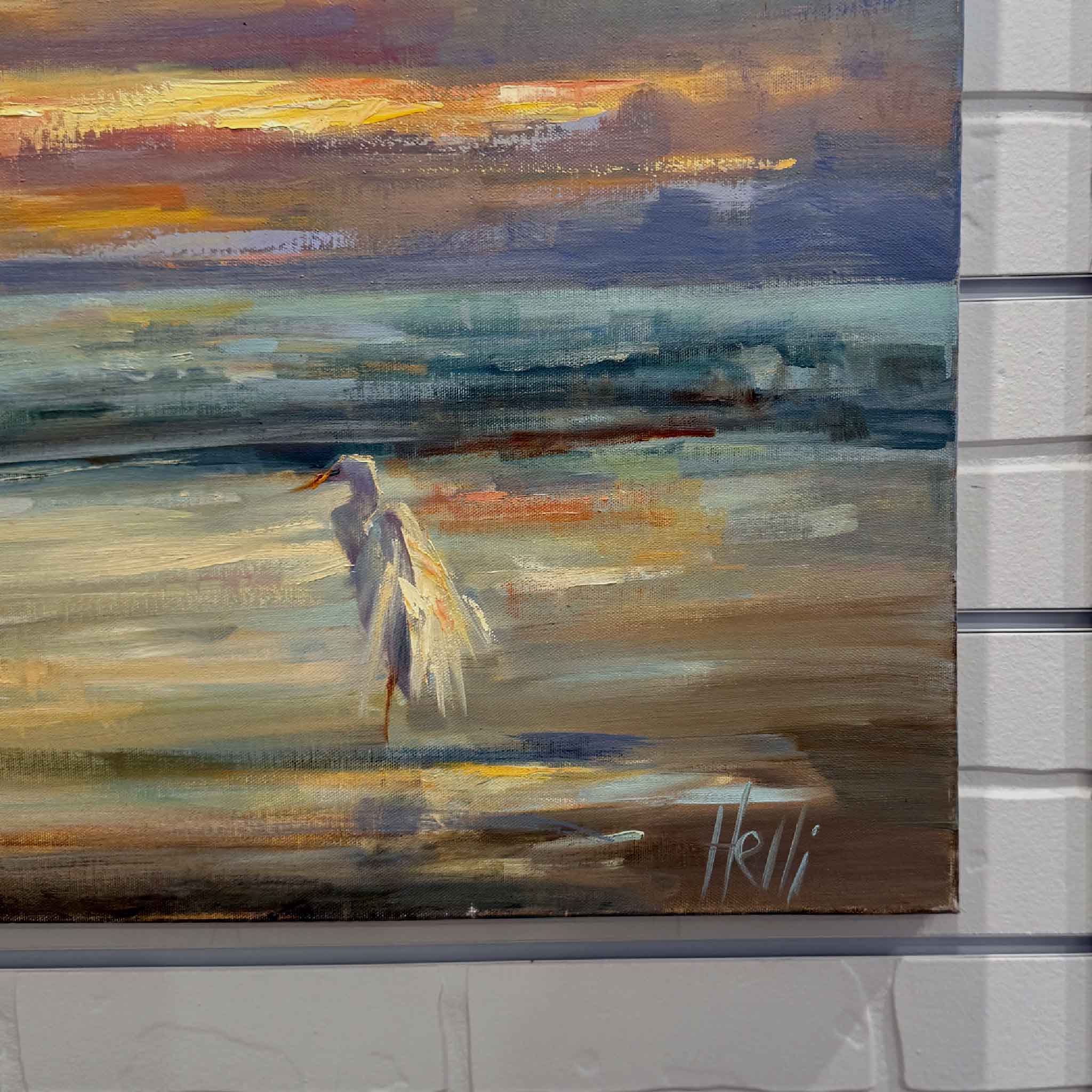 Close-up detail of egret and shoreline brushwork from The Lookout oil painting by Helli Luck, pictured at Gray Man Gallery in Pawleys Island.