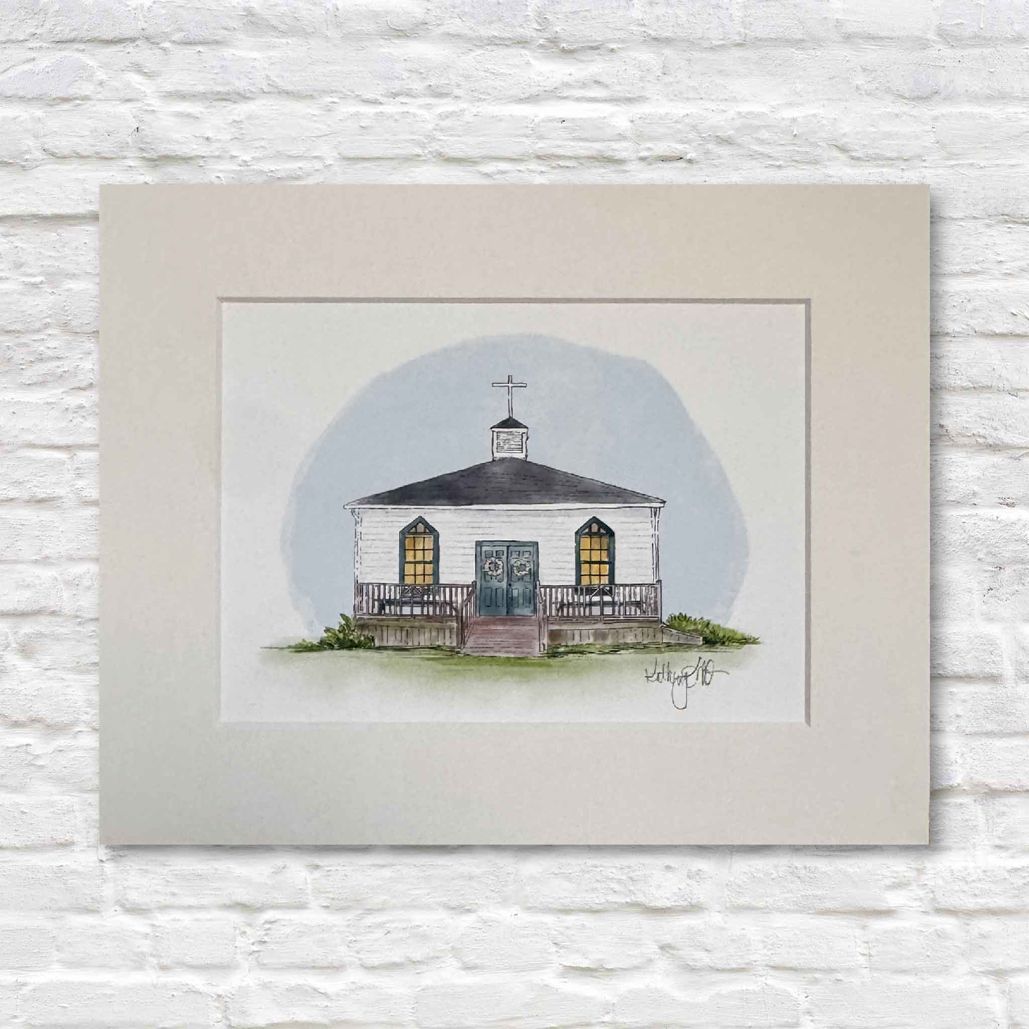 The Chapel fine art print by Paper Muffin featuring a white seaside chapel with yellow windows, printed on archival paper and matted to 8x10, signed by the artist.
