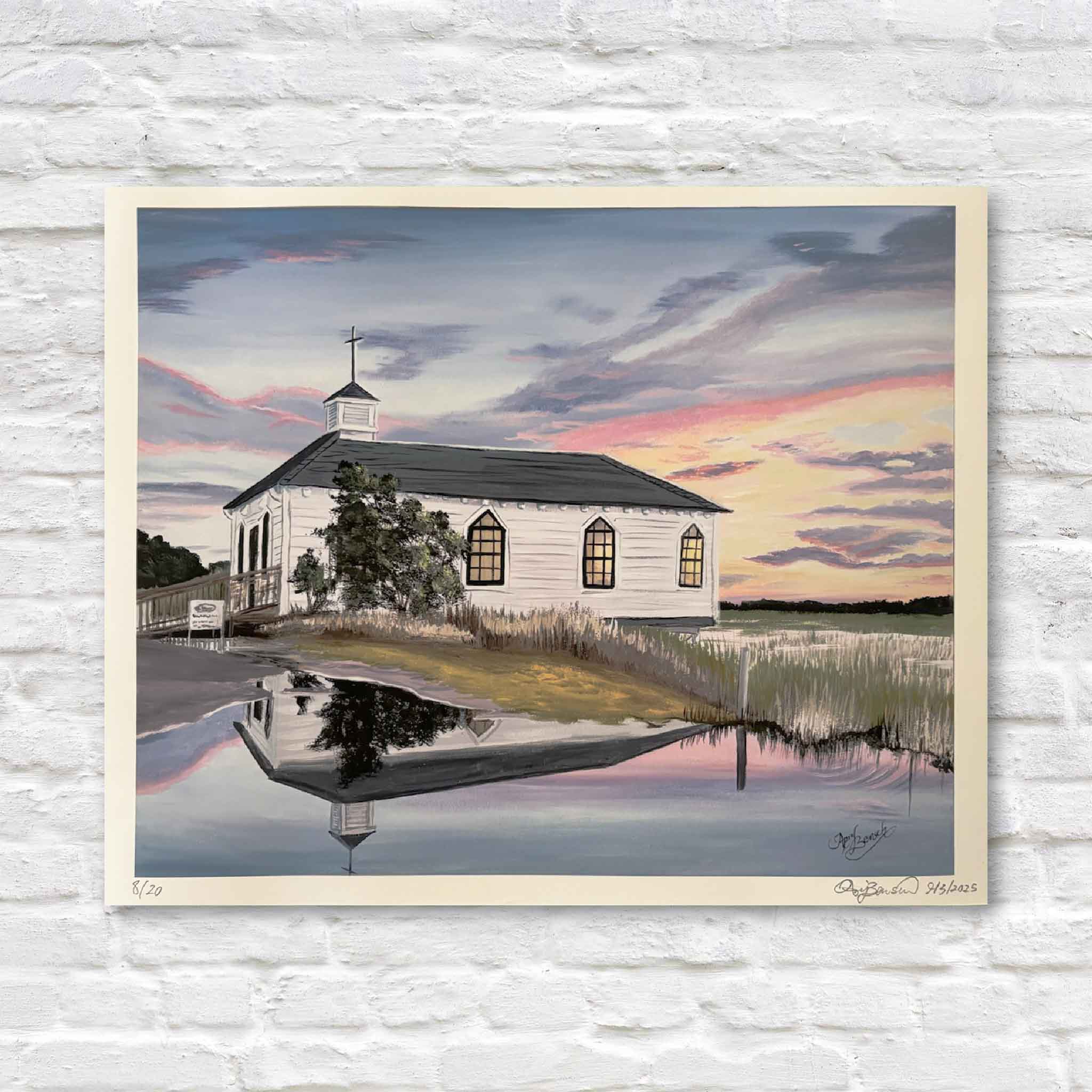 Pawleys Island Chapel print, April Bensch art, Lowcountry coastal artwork, signed and numbered limited edition, South Carolina marsh sunset.