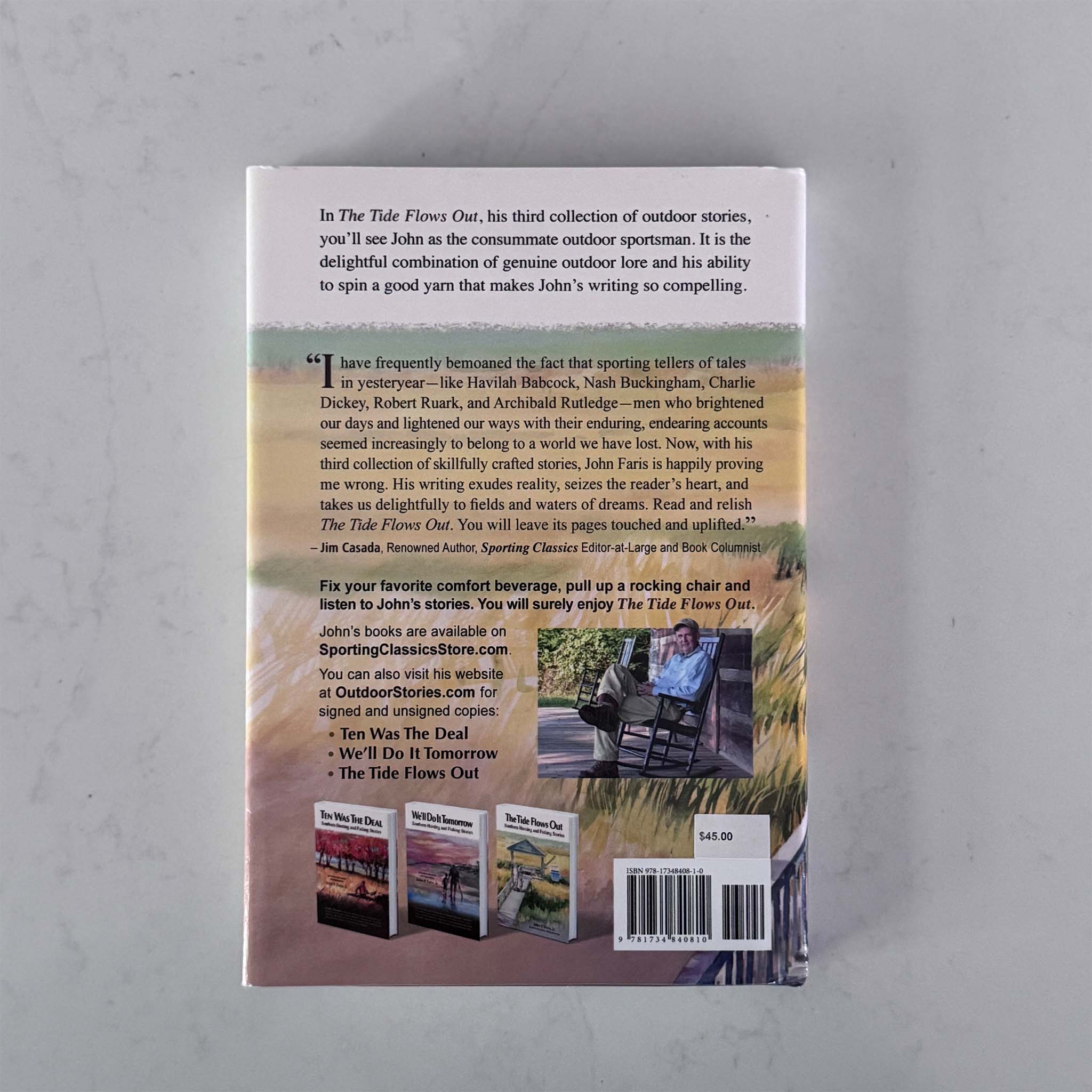 Back cover of a book with text and images on a gray background