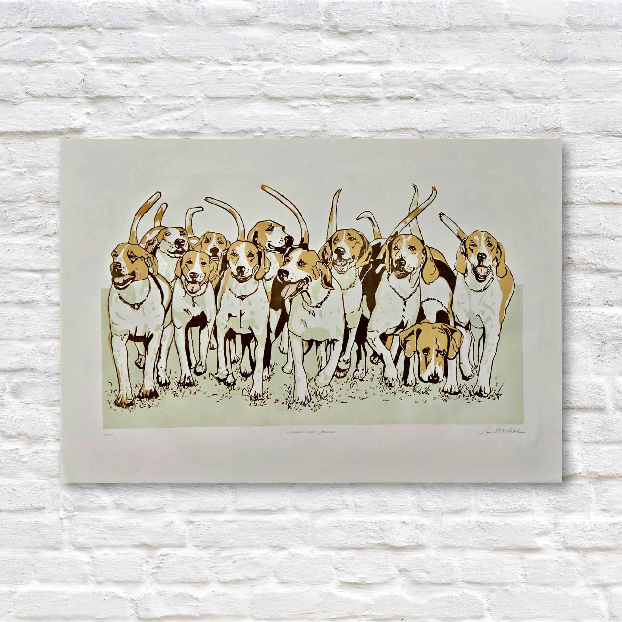 A Dozen Happy Hounds by Laurie McIntosh, limited edition linocut featuring twelve expressive hunting dogs and hounds gathered in a lively pack. Hand-signed and numbered print available at Gray Man Gallery in Pawleys Island, South Carolina.