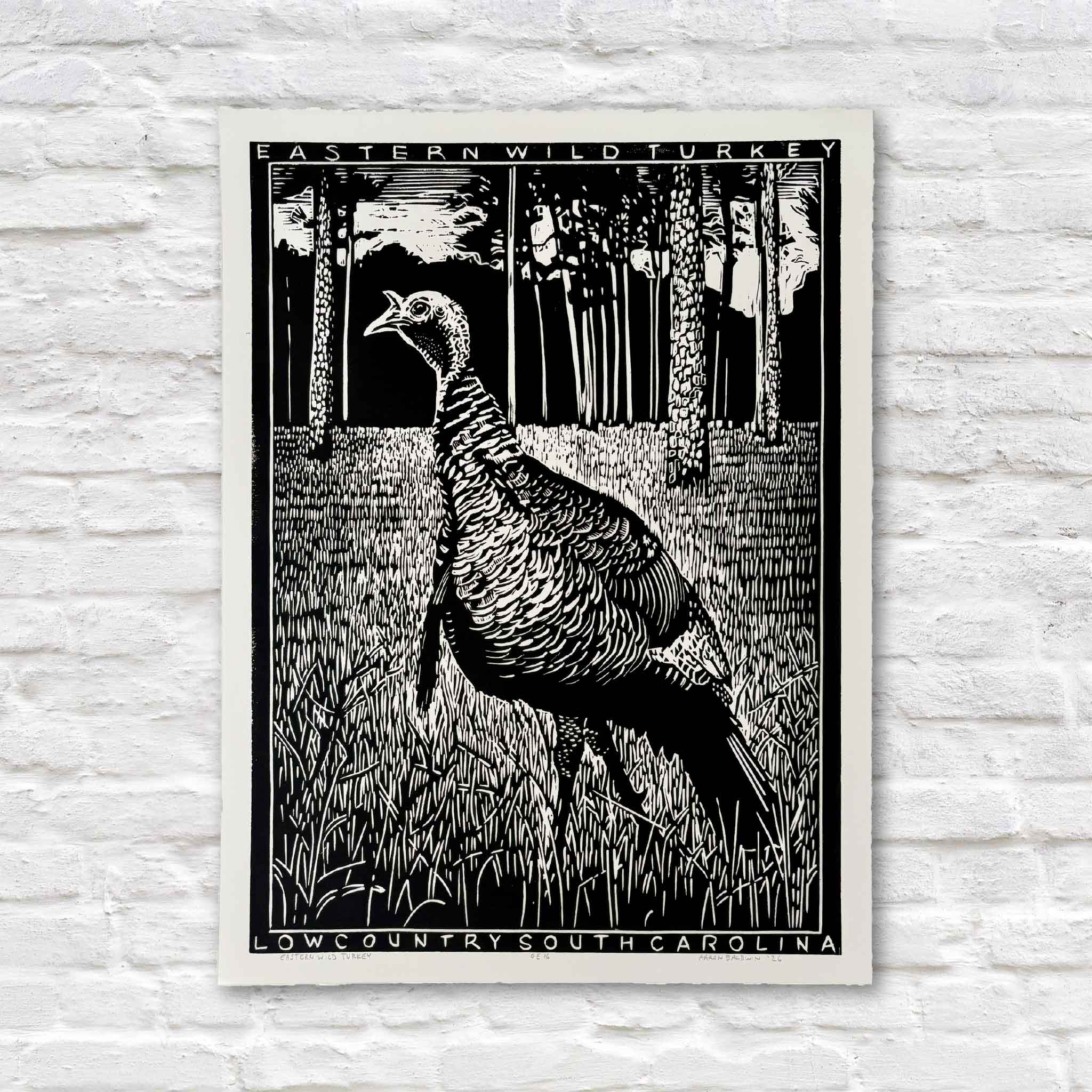 Eastern Wild Turkey by South Carolina artist Aaron Baldwin, an original hand-pulled black linocut depicting a wild turkey standing among grasses and pine trees in the Lowcountry of South Carolina, available at Gray Man Gallery in Pawleys Island.