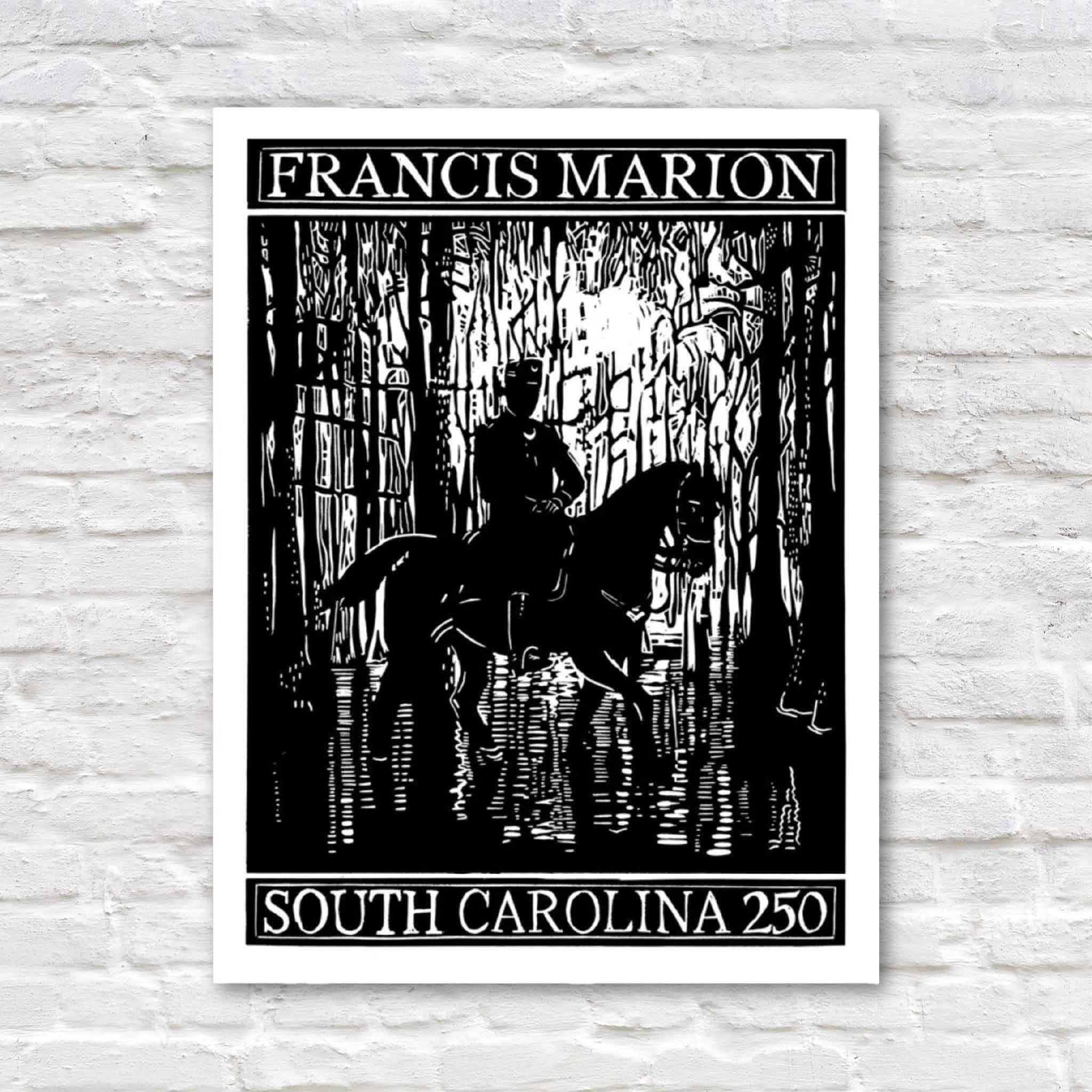 Original Francis Marion America 250 linocut by Aaron Baldwin depicting the Swamp Fox on horseback riding through a South Carolina cypress swamp during the Revolutionary War. Available at Gray Man Gallery in Pawleys Island.