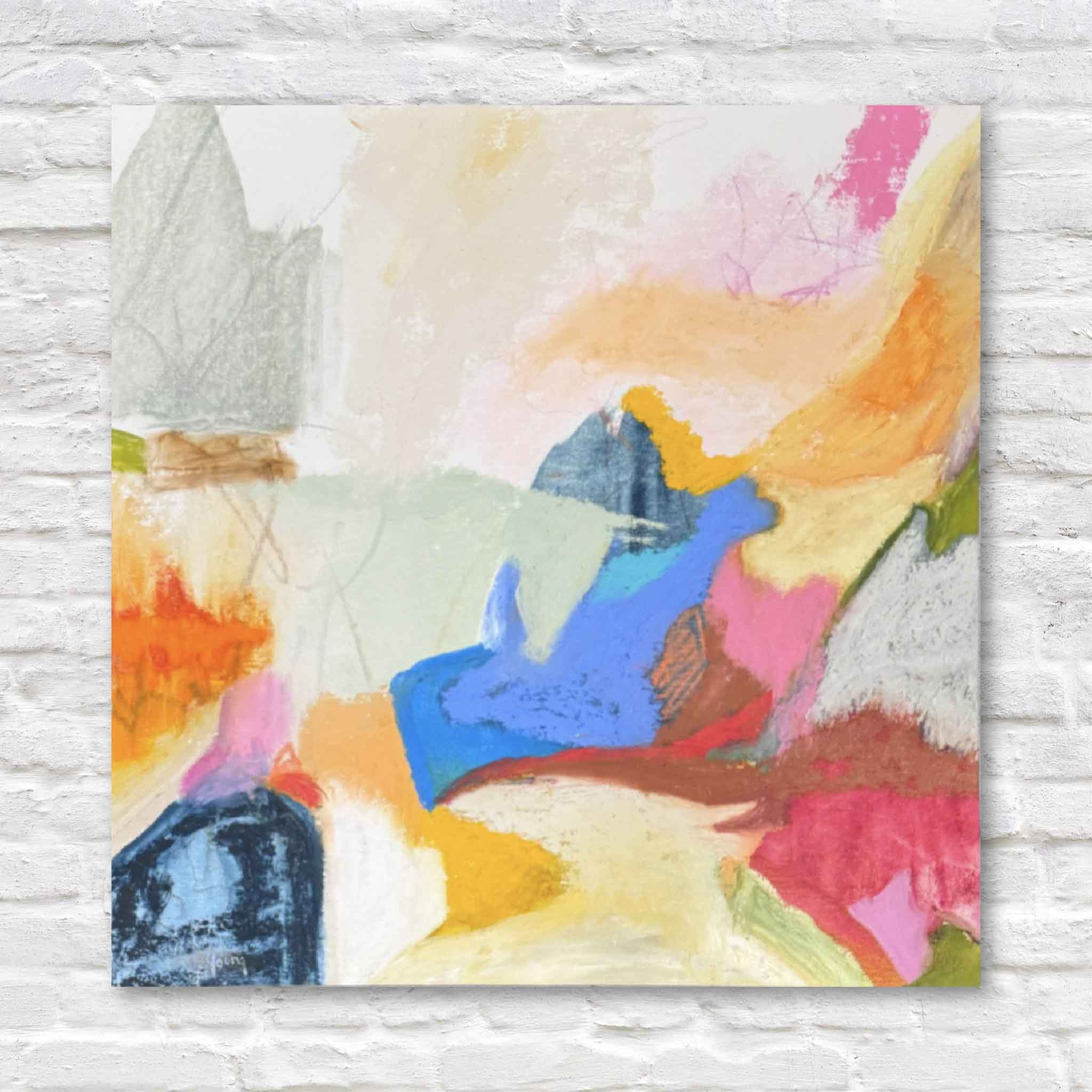 Original mixed media painting “Abstract #10” by Caroline Young featuring layered cobalt, coral, yellow, and blush tones with expressive texture, photographed at Gray Man Gallery in Pawleys Island showcasing local Lowcountry art