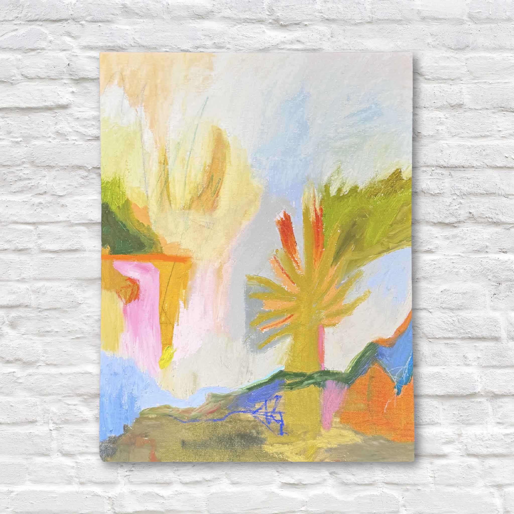 Original abstract painting titled Abstract #7 by Caroline Young, featuring vibrant gestural brushstrokes in orange, gold, green, blue, and soft pink tones. This large-scale 24x33 contemporary artwork evokes a dreamlike landscape with palm-like forms and expressive movement, and is available at Gray Man Gallery in Pawleys Island, South Carolina.