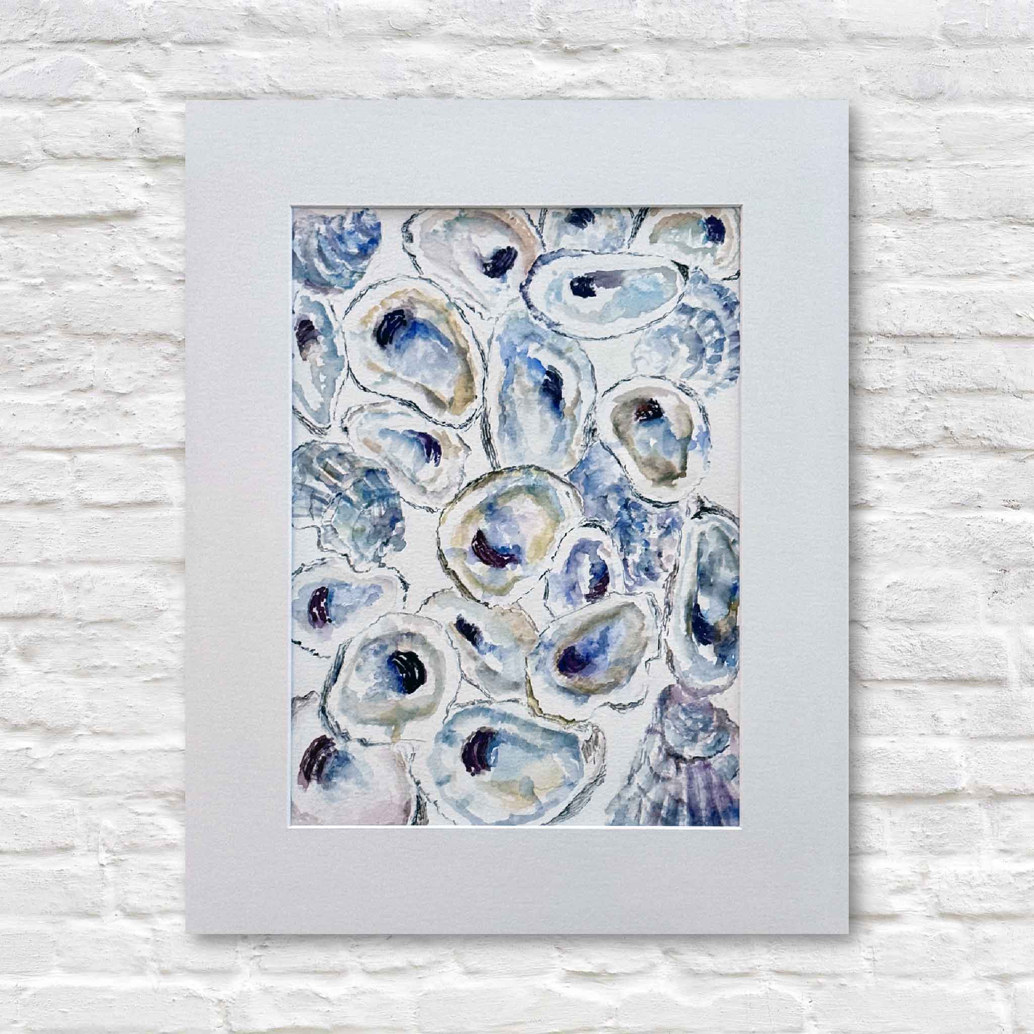 Original watercolor Gathered Jewels by local Lowcountry artist Allison Farr, featuring clustered oyster shells in soft blues and neutrals, matted to 16x20 and available at Gray Man Gallery in Pawleys Island