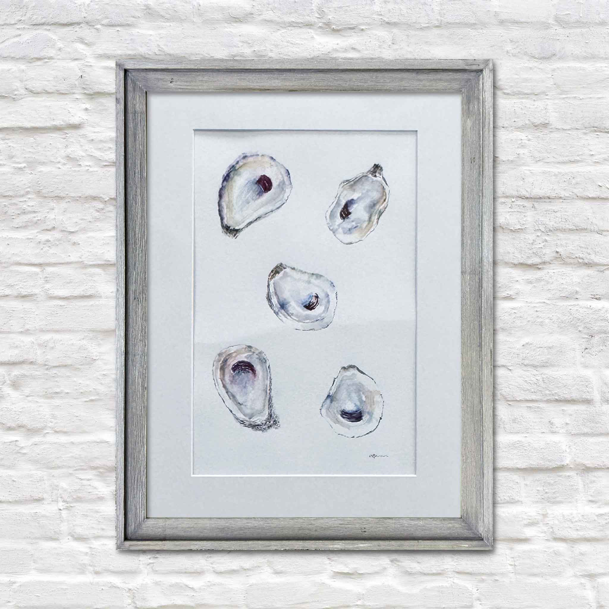 Coastal oyster watercolor by Allison Farr shown in a simple white frame for presentation inspiration.