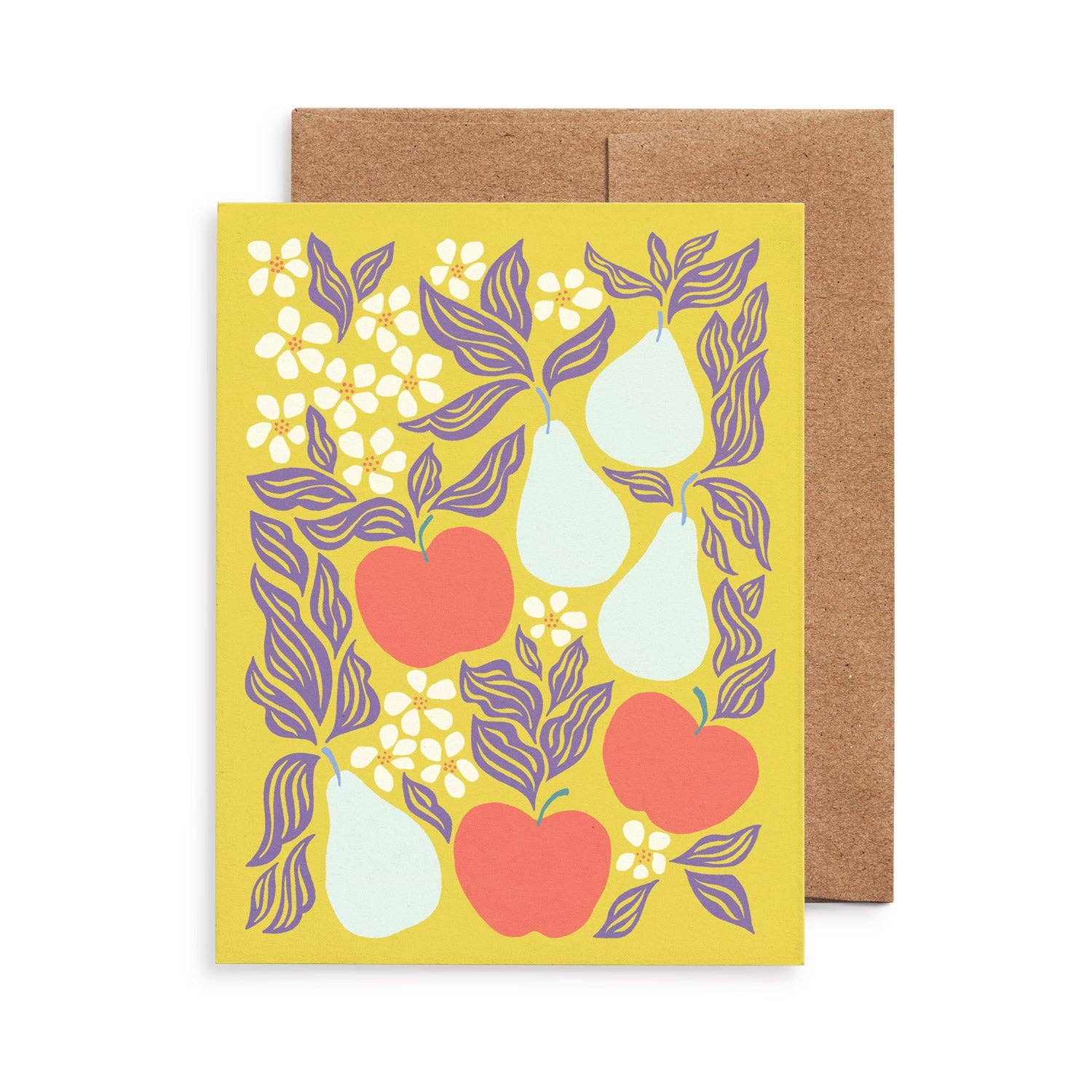 Apples & Pears greeting card from the Farmers Market boxed set by Chrissie Van Hoever featuring apples, pears, and leafy botanical artwork with a recycled kraft envelope. Available at Gray Man Gallery in Pawleys Island, South Carolina.